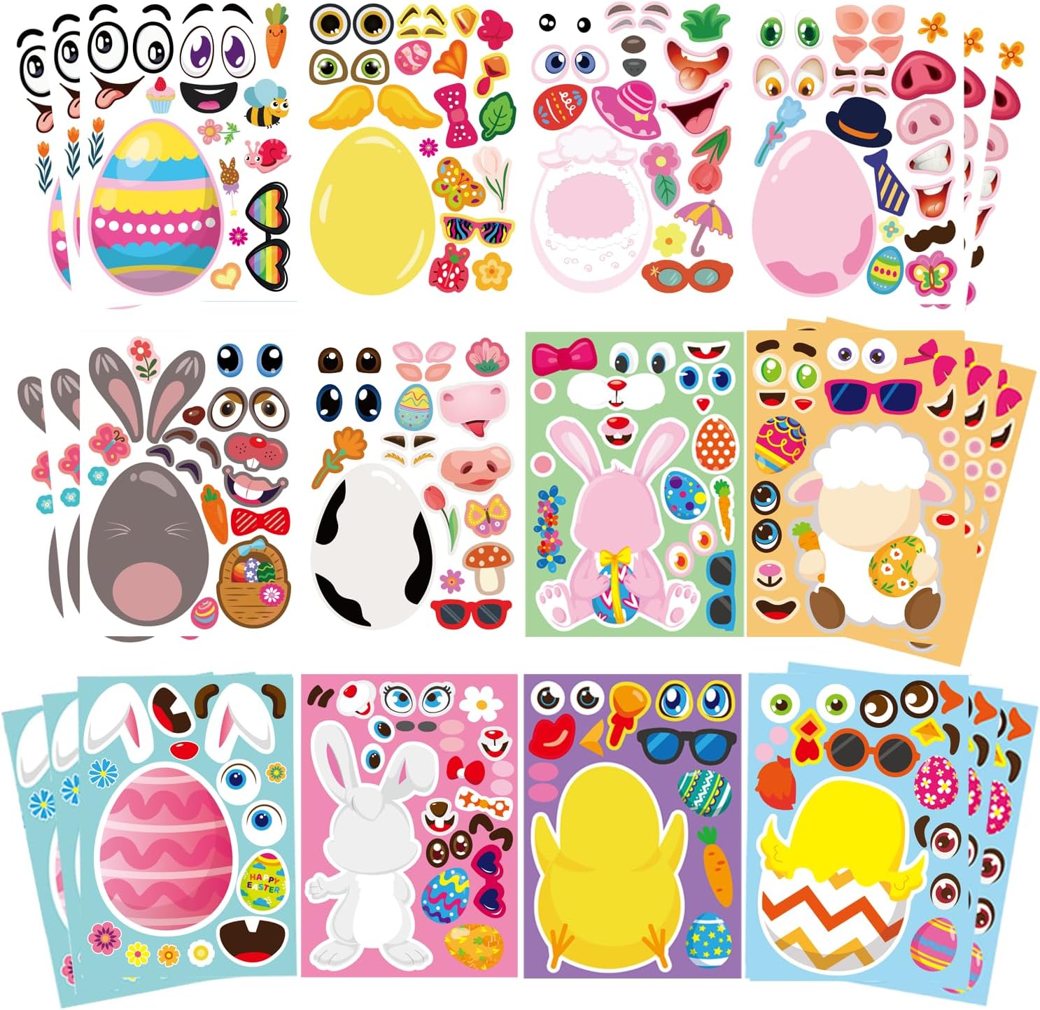 36 PCS Easter Stickers for Kids, Make Your Own Mix and Match Stickers with Eggs Bunny Chick Farm Animal Lamb Sticker, Art&Crafts, Party Favors, Easter Basket Stuffers