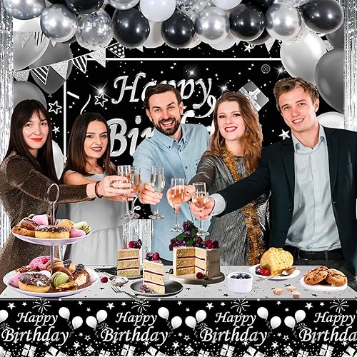 Miniatura 7 de Decoraciones de cumpleaños plateadas y negras para hombres y mujeres, decoraciones de feliz cumpleaños para niños y niñas, decoración de fiesta,