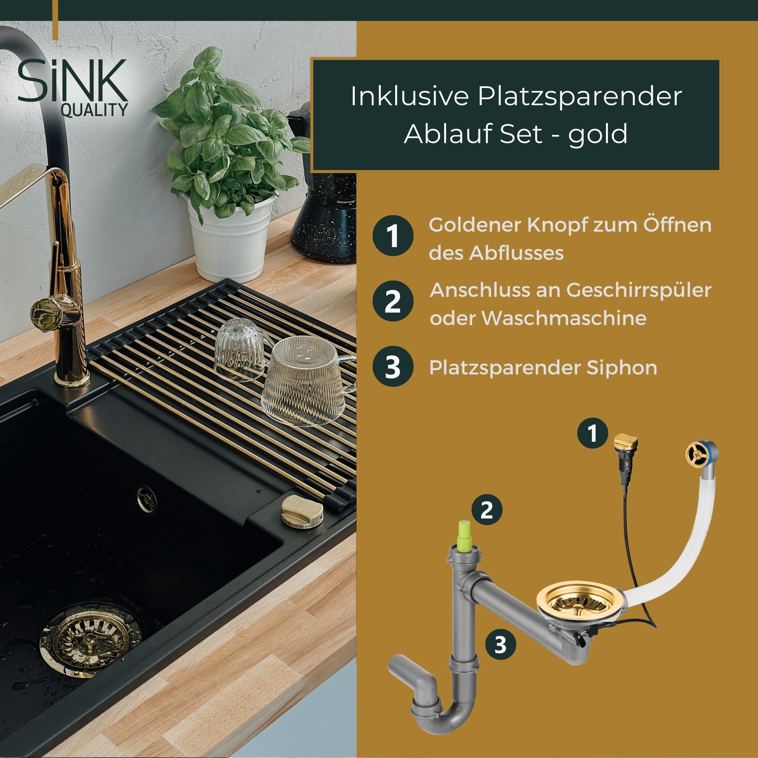 SINK Quality zlewozmywak biały z armaturą 56 x 51 cm – zlewozmywak z kranem, deska do krojenia, syfon, złoty, ociekacz, środek impregnujący – kompletny zestaw do szafki pod umywalkę 60