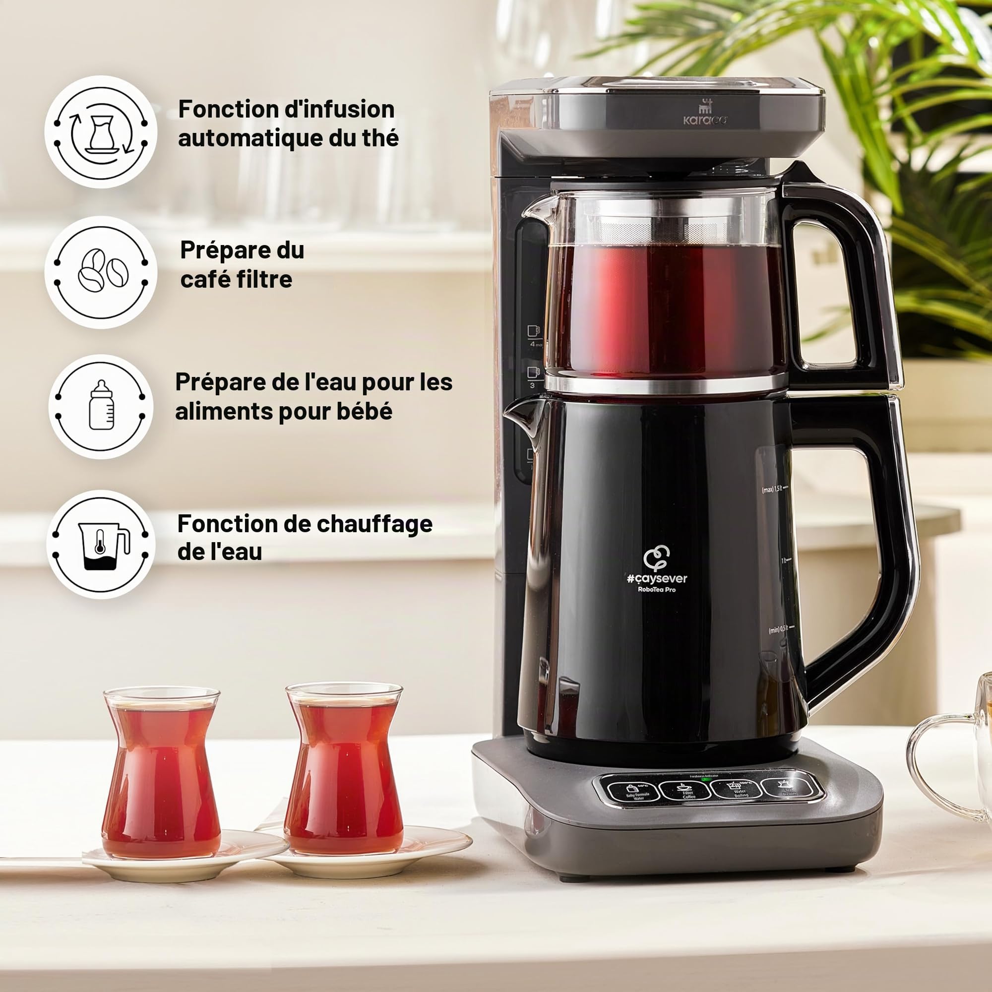 Karaca Caysever Robotea Pro 4-en-1 Theiere Electrique Automatique, Machine à Café Filtré, Bouilloire à Thé, Theiere avec Infuseur, 2500W, Gris Espace