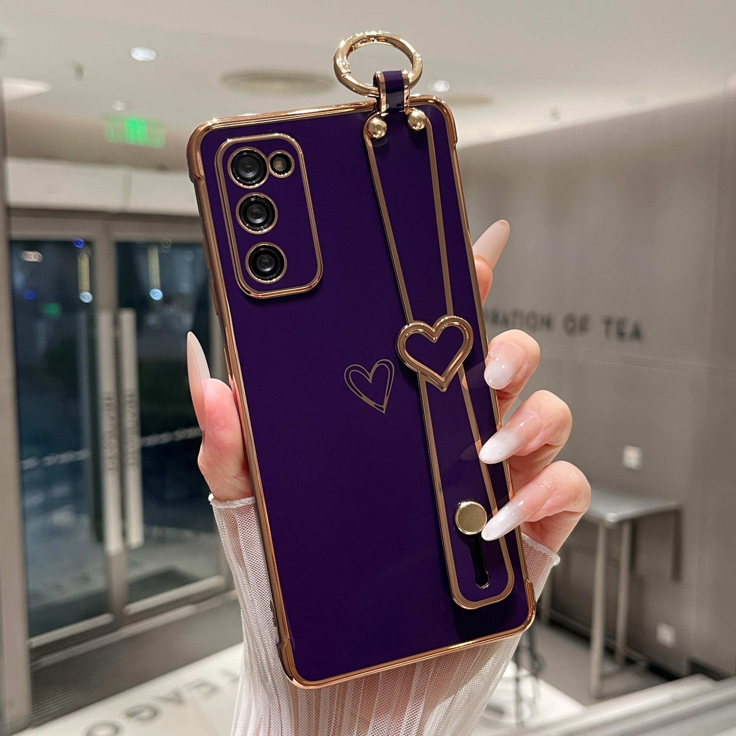 ZTOFERA for Samsung Galaxy S20 FE 5G Case 6.5" with Wrist Strap,Luxury Cute Plating Edge Love Hearts Pattern for Girls Women, Finger Holder Kickstand Soft Shockproof Phone Case,Dark Violet
