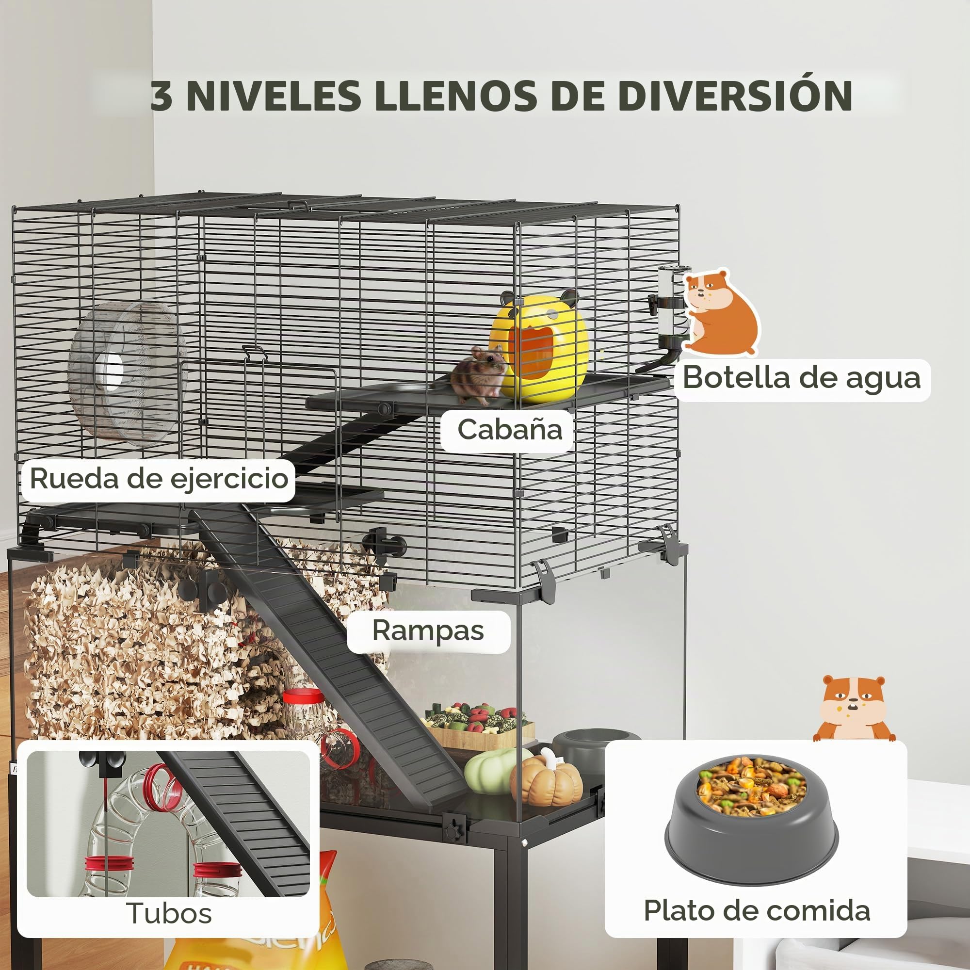 PawHut Jaula para hámster con ruedas de 3 niveles, jaula para roedores y animales pequeños con sistema de tubos, cabaña, rampas, comedero y accesorios, jaula para ratones, jaula para hámster enano, 77