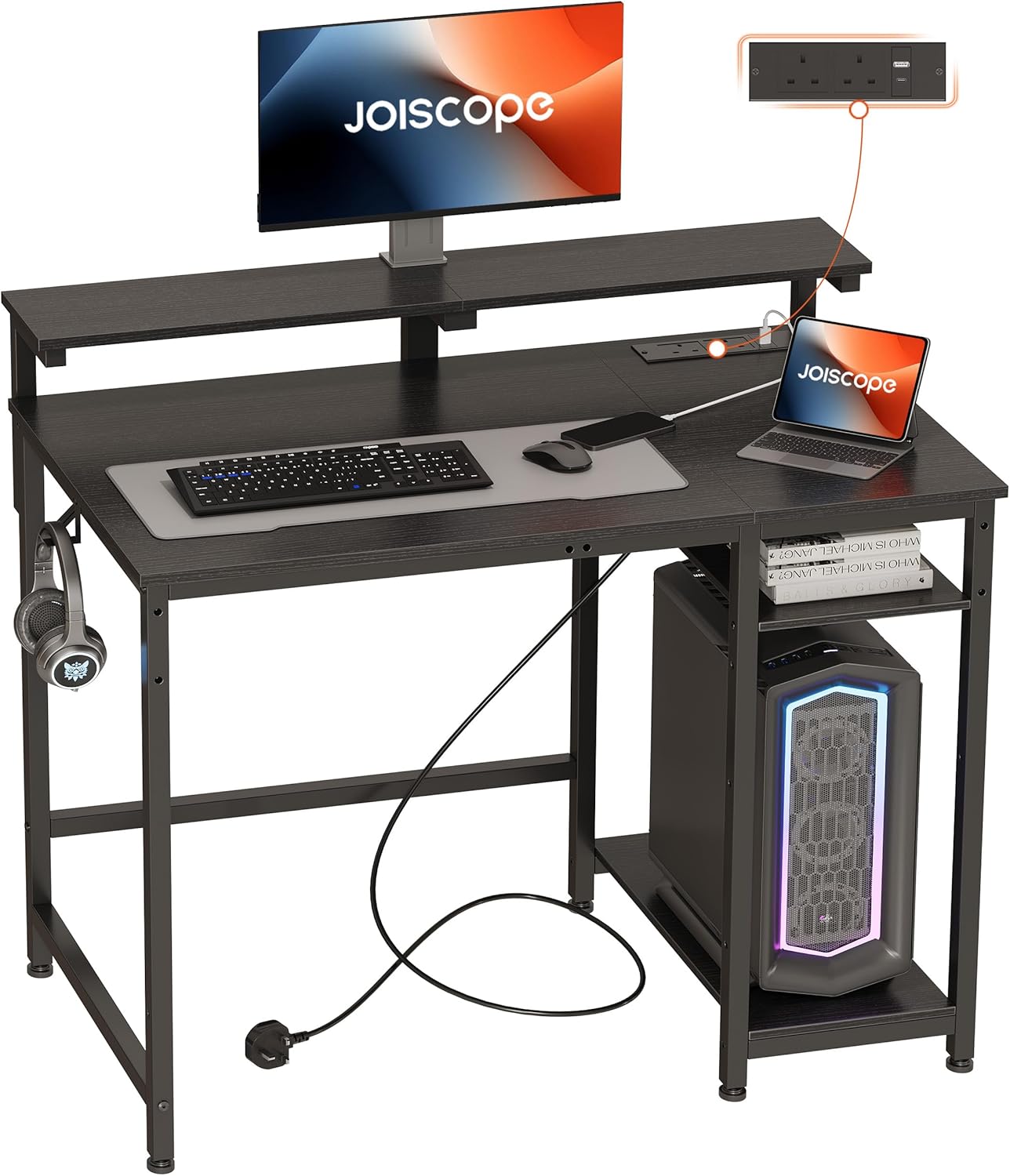 JOISCOPE Computer Desk, 100cm Small Desk with Power Outlets, USB & Type-C and Shelves, Black Desk with Tabletop PC Stand and Hooks, Home Office Desk for Work Play Study Bedroom Home Office, Black