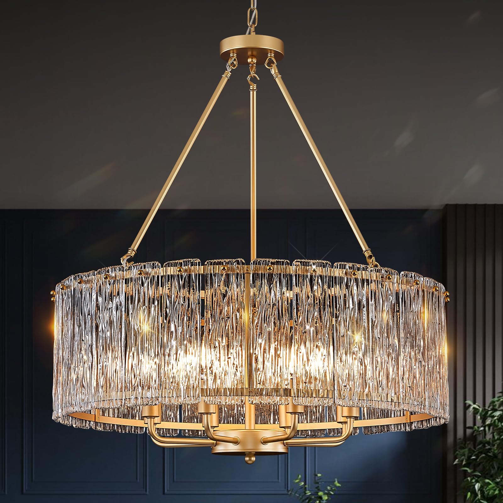 CATINER Gold Drum Chandelier 24.4" Modern Crystal Glass Chandeliers Luxury 8-Light Pendant Ceiling Chandelier Lighting for Dining Room Foyer Living Room Bedroom