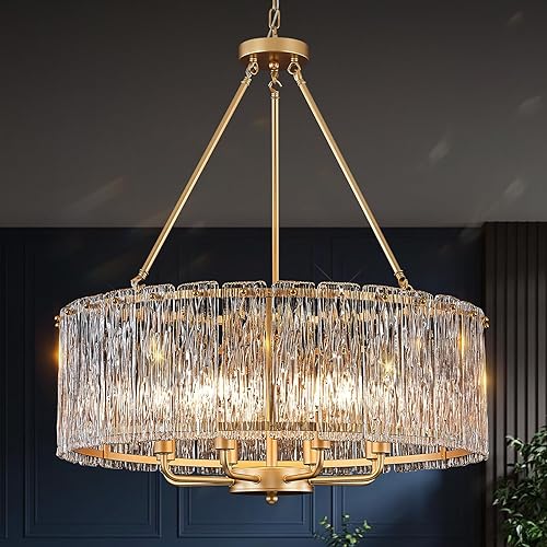 Miniatura 12 de Candelabros Dorados de 24" Candelabro Redondo de Cristal de Vidrio Moderno Lámpara Colgante de Techo Tipo Tambor de 10 Luces de Lujo de 2 Niveles