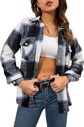 Tanming Womens Flannel Plaid Shacket Wool Blend Button Down Shirt Fall Fashion Jacket