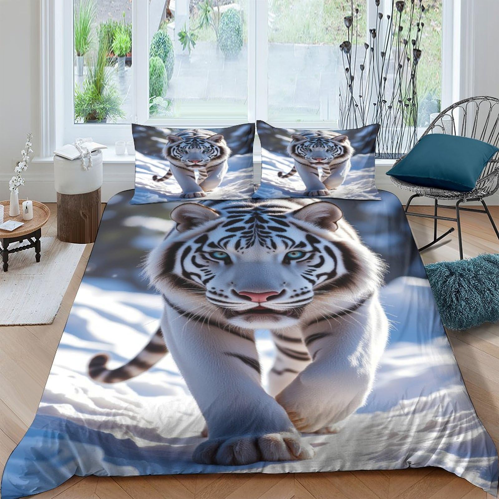 GPLZQXKJNH 3D Printed White Tiger Duvet Cover Microfiber Soft Breathable Snow Forest Bedding Set with 2 Pillowcases for Bedroom Decor Single（135x200cm）