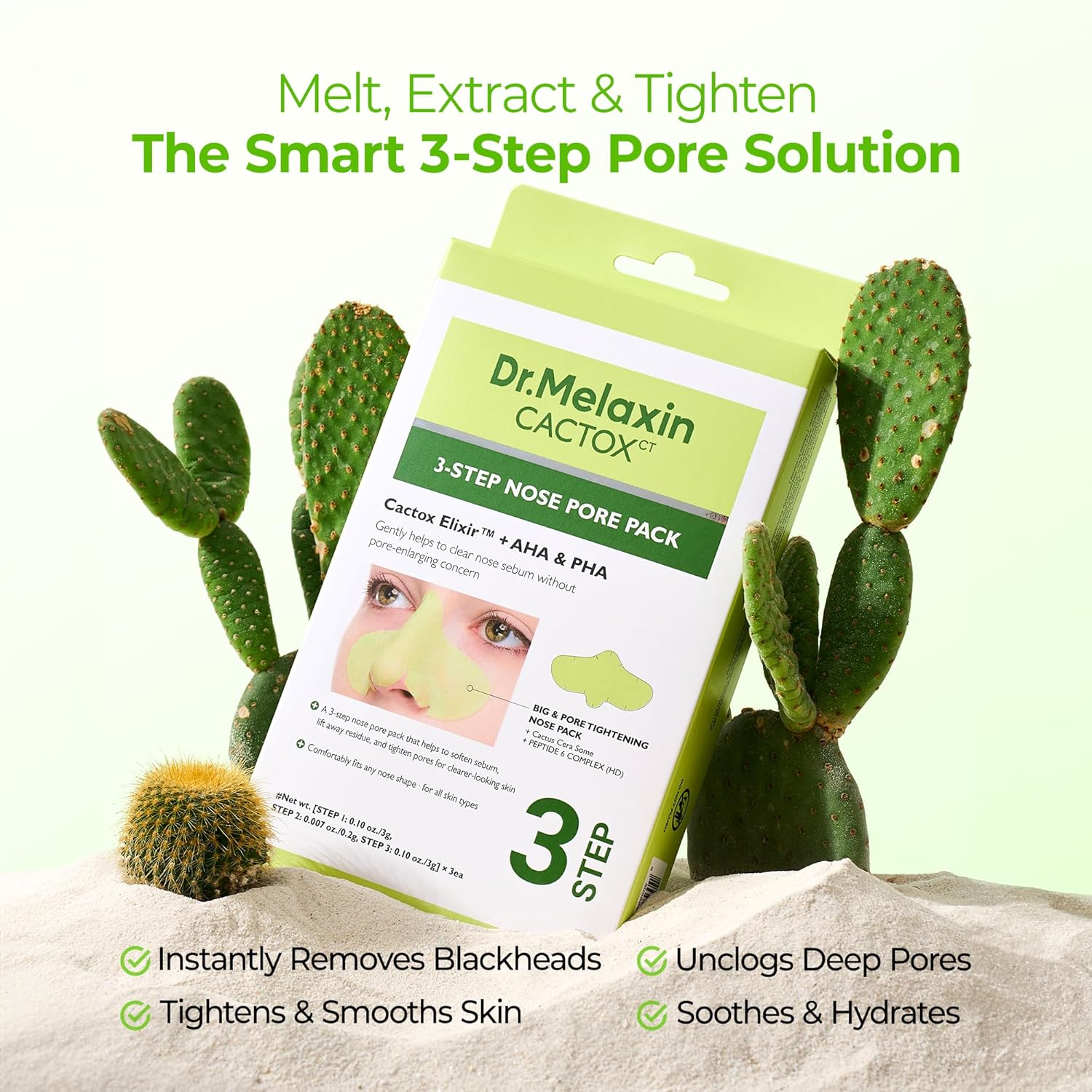 Dr.Melaxin CACTOX 3-STEP NOSE MASK PACK with AHA & PHA for Sebum Softening Pore Tightening Skin Repair 3-Step Nose Pore Pack - Image 2