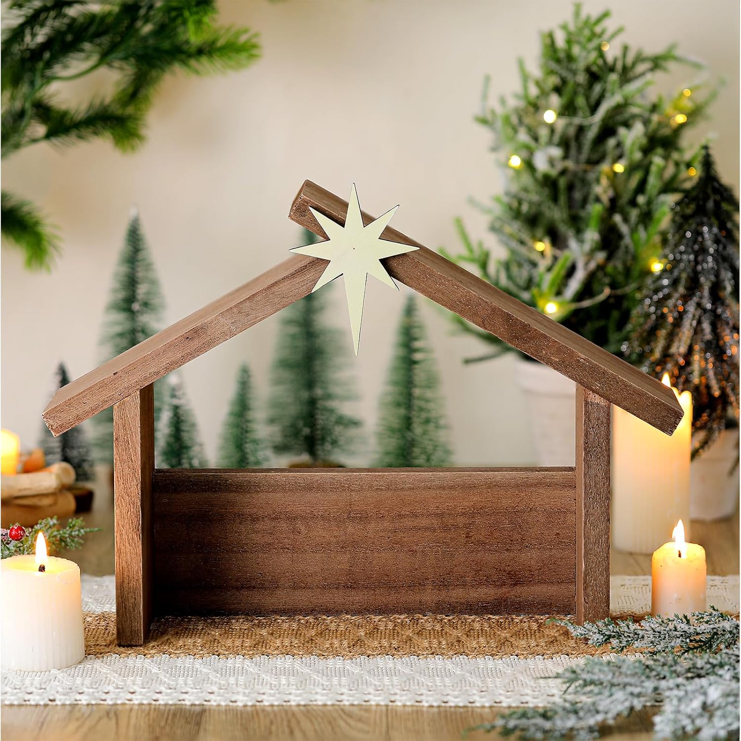 Wesiti Christmas Wooden Nativity Manger Wood Nativity Scene with Roof Star 14.5 x 10.5'' for Inside 7 Inch Scale Holy Family Wooden Stable Creche Home Desk Decor (Without Figurines) classic