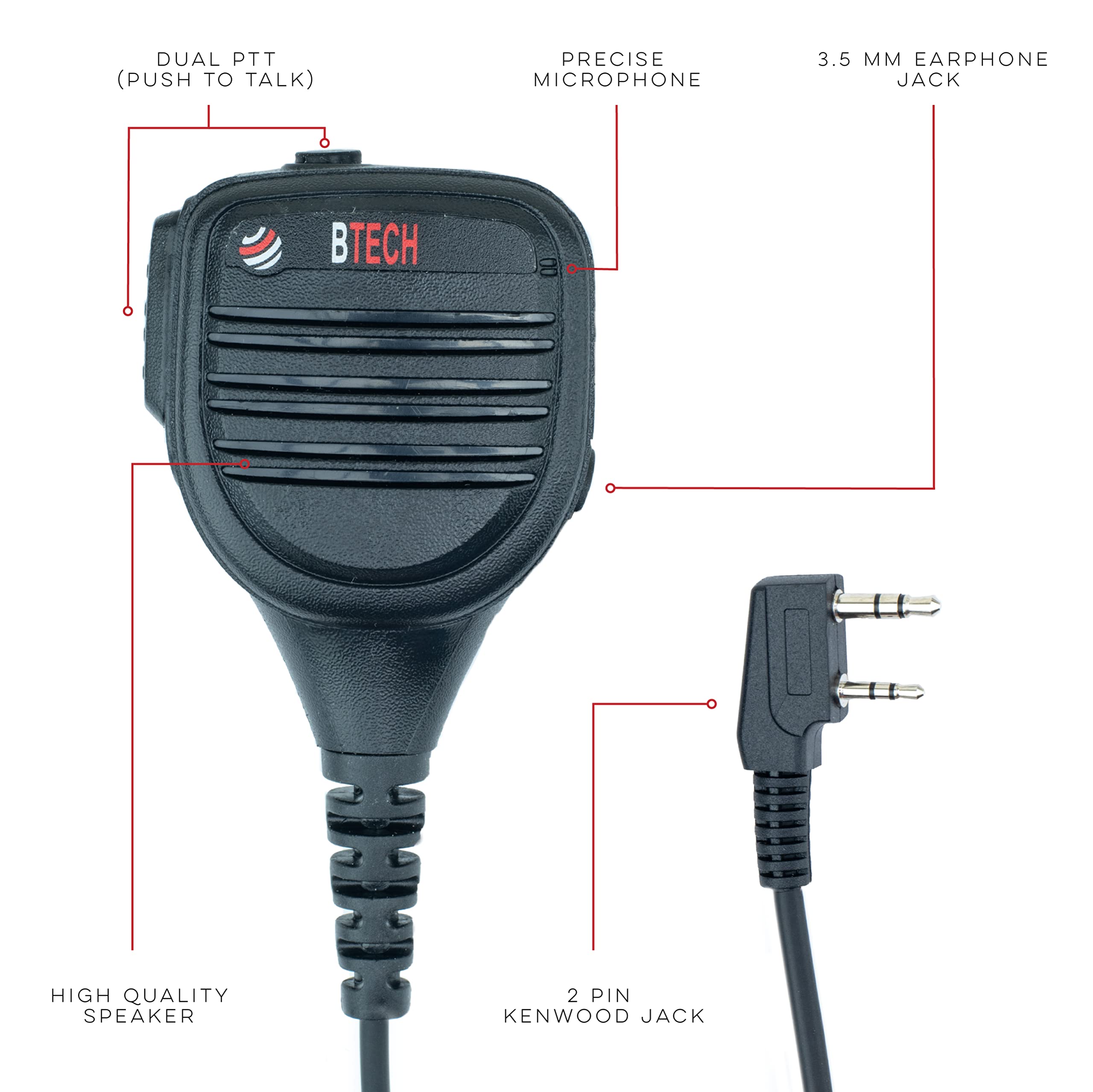 BTECH QHM22D Platinum Series IP54 Microphone pour Enceinte étanche pour radios BaoFeng, BTECH, Kenwood