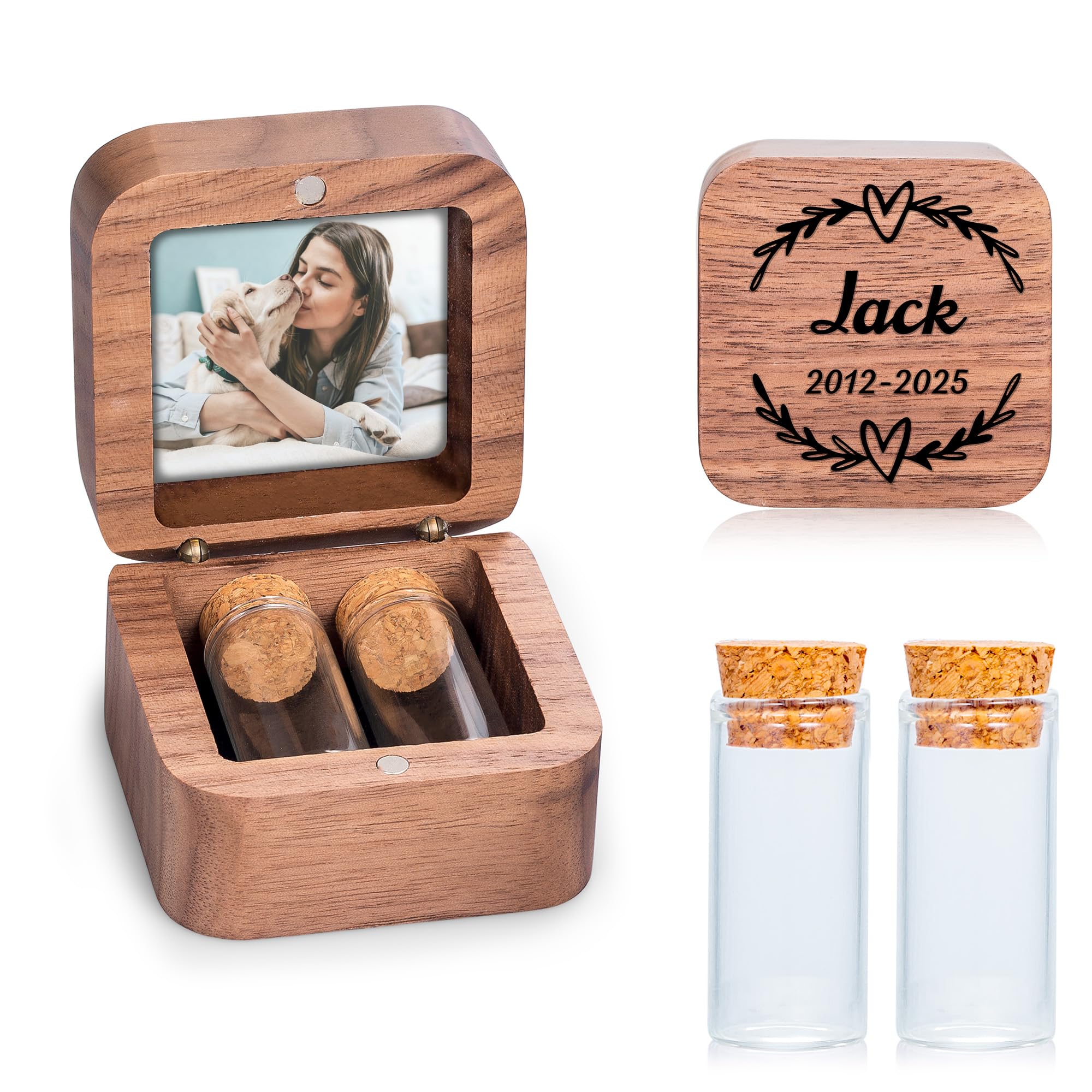 Gredstar Personalised Pet Memorial Keepsake Box with Glass Vial for Fur, Whiskers or Ashes - Custom Engraved Photo Text Dog Cat Loss Sympathy Gift