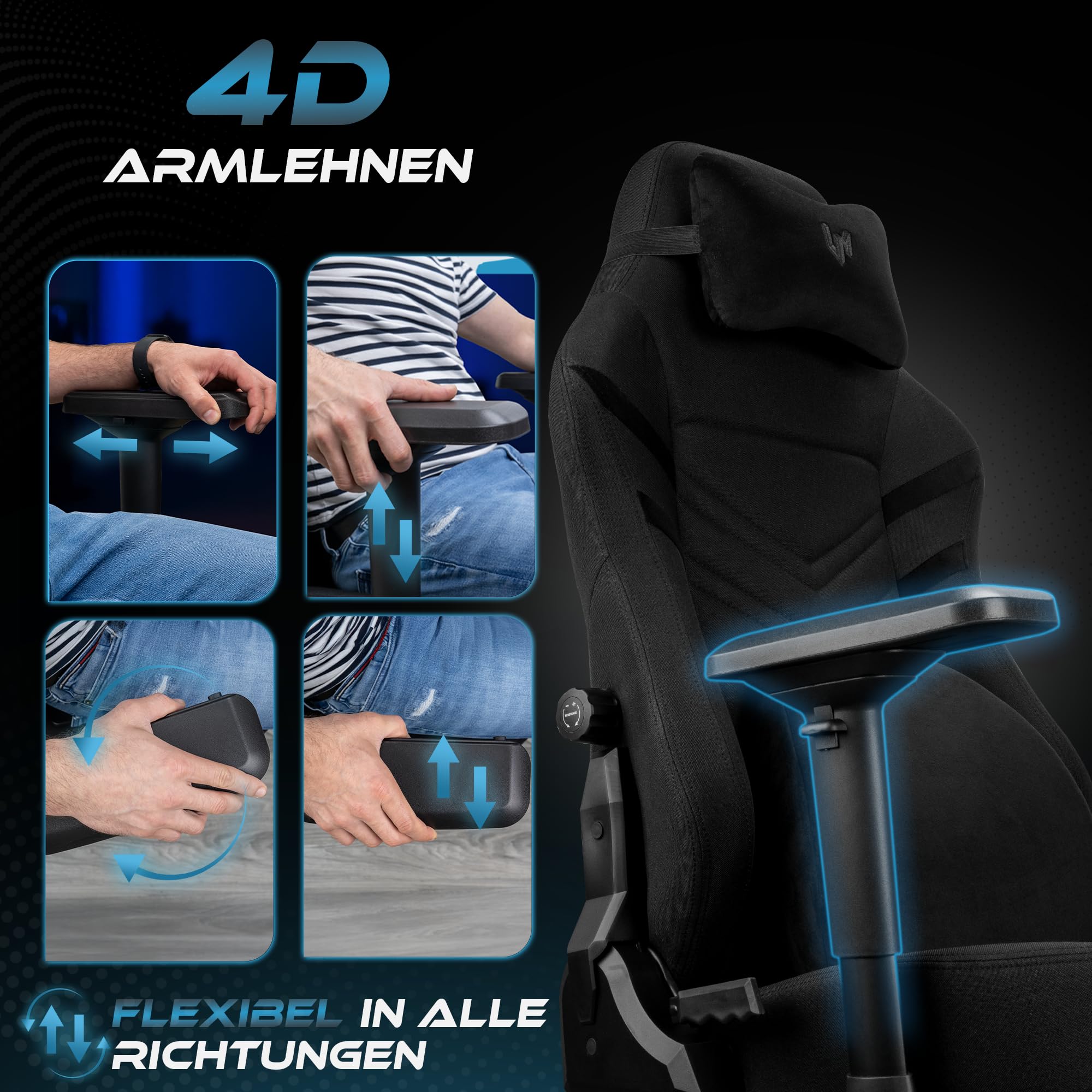 Ultimatrix FURY Gaming Stuhl Ergonomisch [TESTSIEGER] Integrierte Lordosenstütze, 4D-Armlehnen, Atmungsaktiver Stoff, Fußstütze, Gamingstuhl Kaltschaum, Gaming Chair 150kg, Schreibtischstuhl (Schwarz)