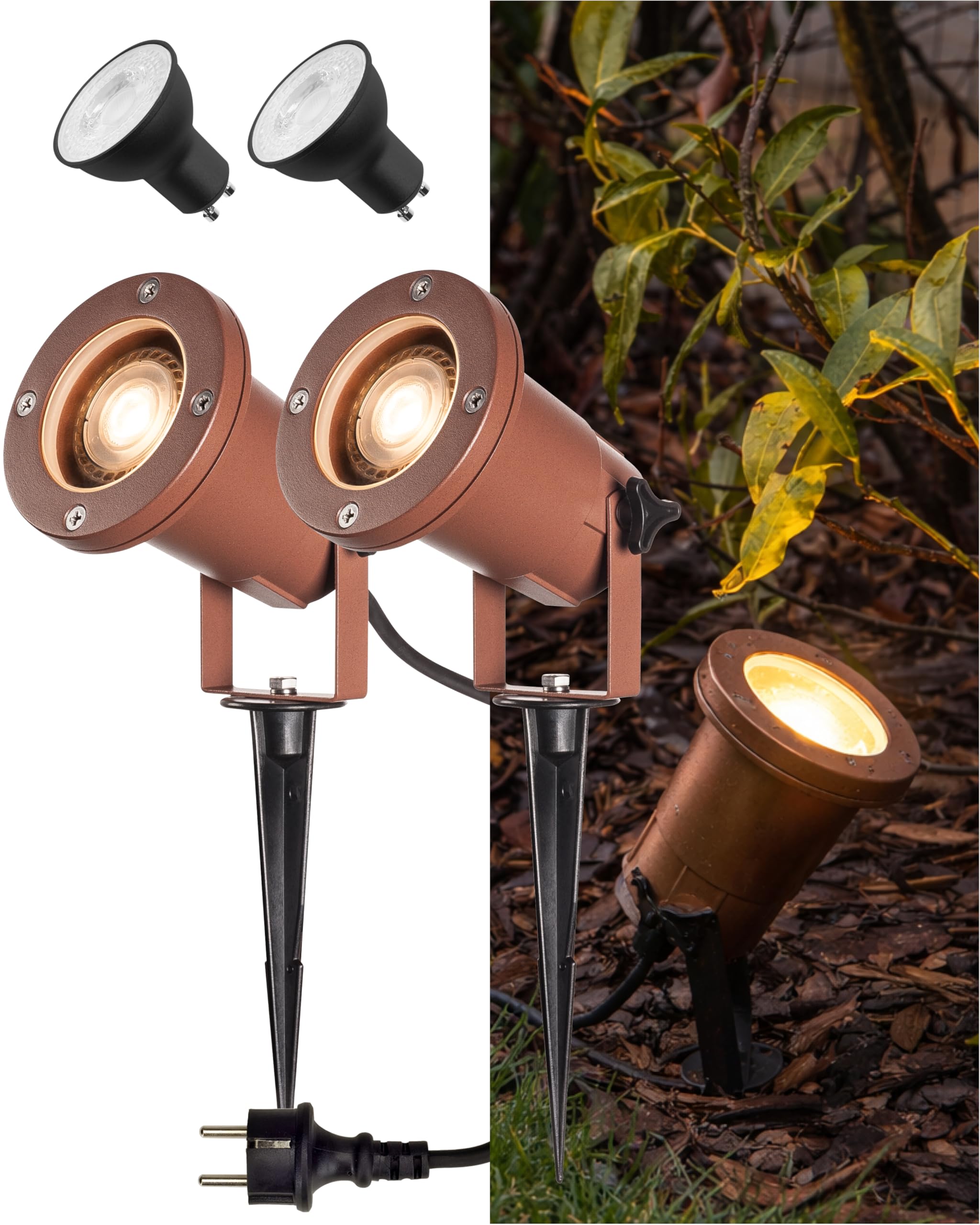 SLV NAUTILUS XL Set di 2 lampade da esterno per l'illuminazione di giardino, terrazza, sentieri, stagno, lampada da esterno | IP65, GU10, cavo da 1,5 m, con spina, ruggine