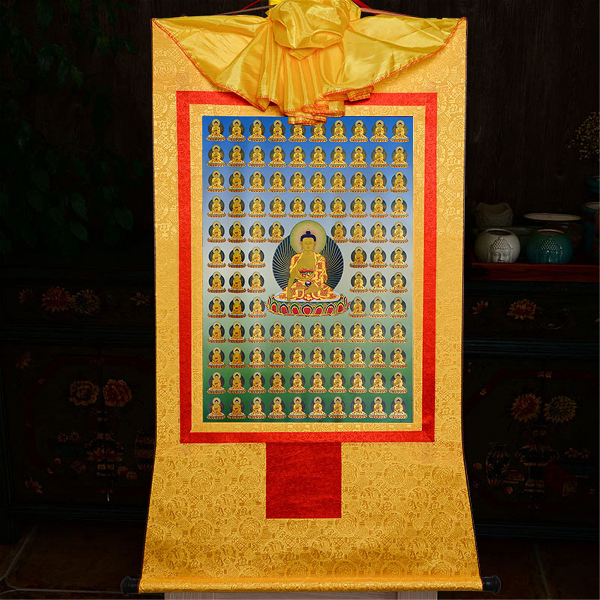 Tibetisches Thangka, Thangka-Gemälde, buddhistischer Wandteppich, Shakyamuni (Gautama Buddha, Siddhattha Gotama, Siddhartha Gautama), Malerei, buddhistischer Thangka-Brokat,(Yellow,Small(35cm*27cm))