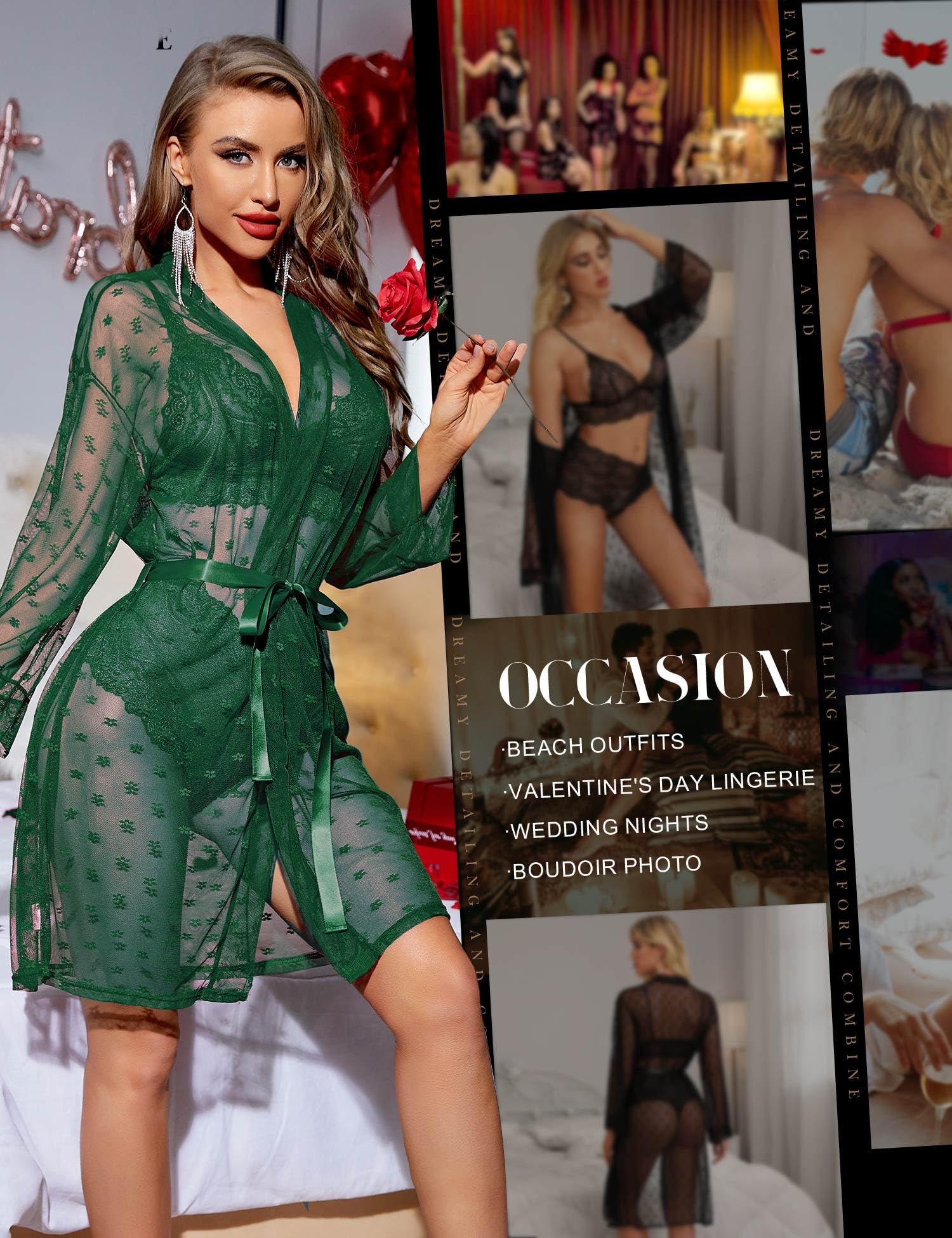 RSLOVE Set di Biancheria Intima da Donna 3 Pezzi Kimono in Pizzo con Reggiseno e Slip Trasparenti
