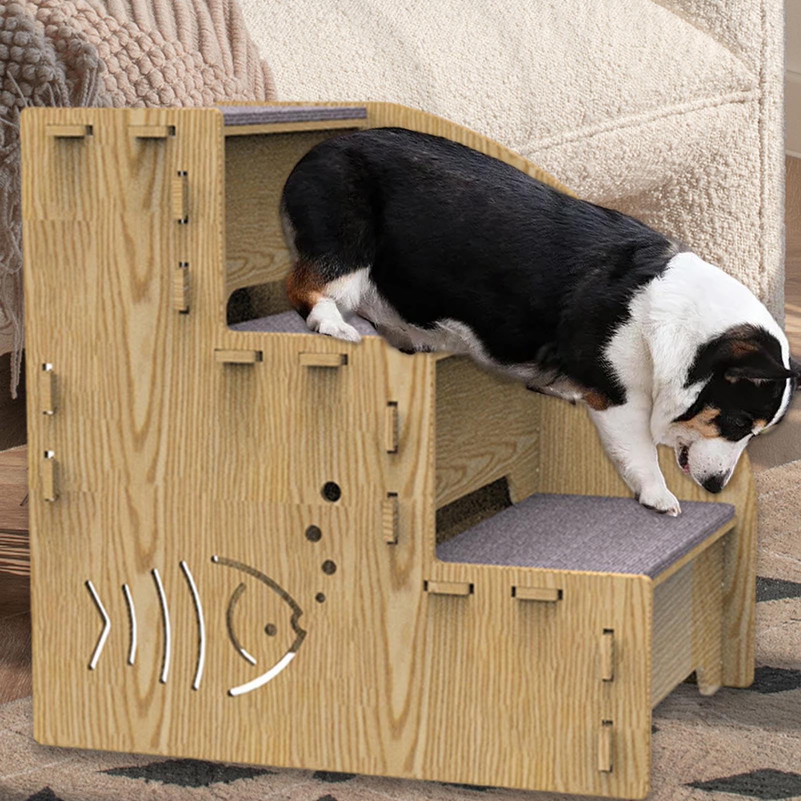 Taburete para mascotas, camas elevadas para perros y cachorros, escalones elevados de madera con 3 peldaños para mascotas, escalera para gatos, rampa interior