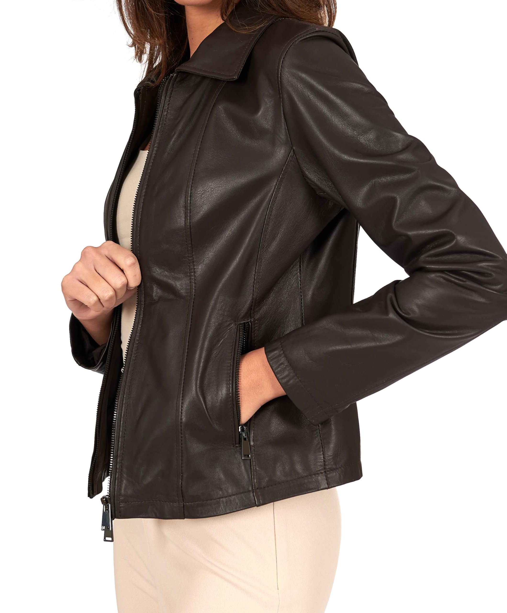 D'Arienzo Giacca Donna Marrone Giubbotto Collo Camicia Moto Vera Pelle Made in Italy Vale Cam