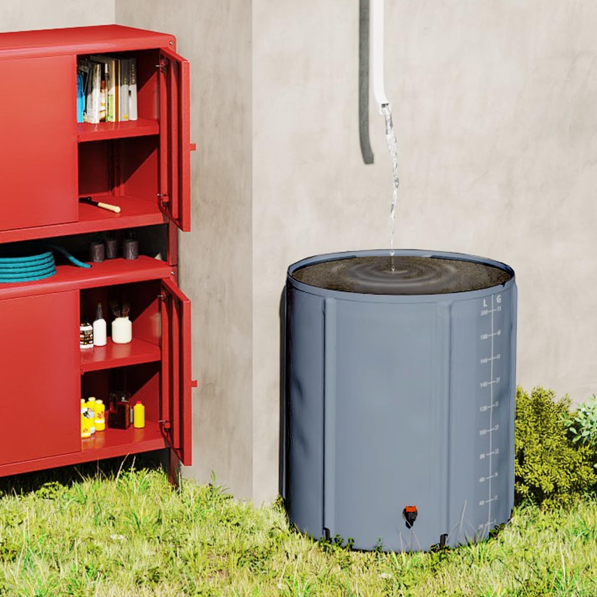 Składany pojemnik na deszczówkę, 750 l, 150 galonów, z kranem, skalą i odpływem, przenośny zbiornik na wodę deszczową do zbierania wody deszczowej, do ogrodu, na deszczówkę (kolor szary)
