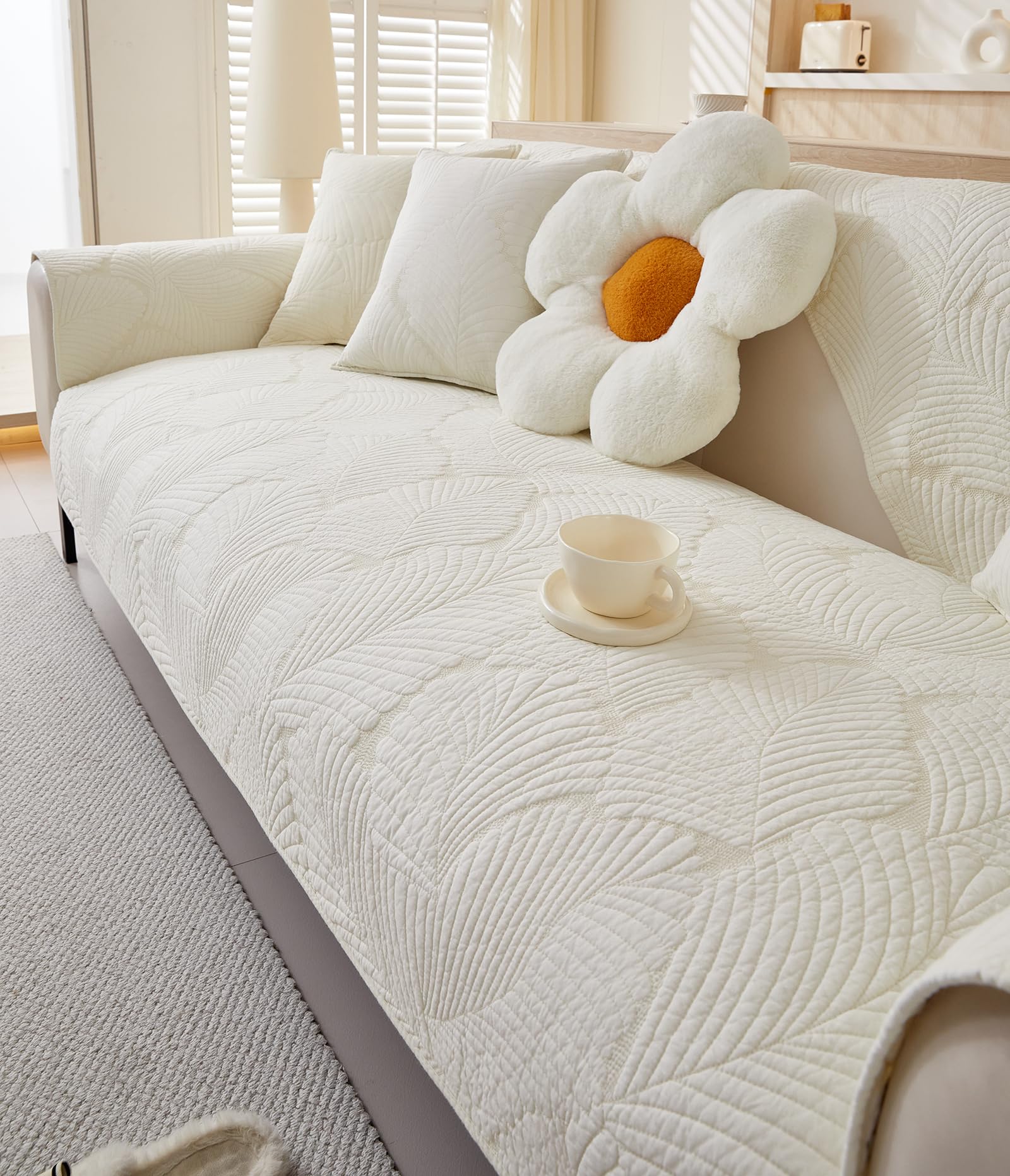 vctops Soft Cotton Quilted Couch Cover Neutral Leaf Embroidery Sofa Cover Anti Slip Sectional Couch Covers Washable Sofa Slipcover for Dogs, Children,