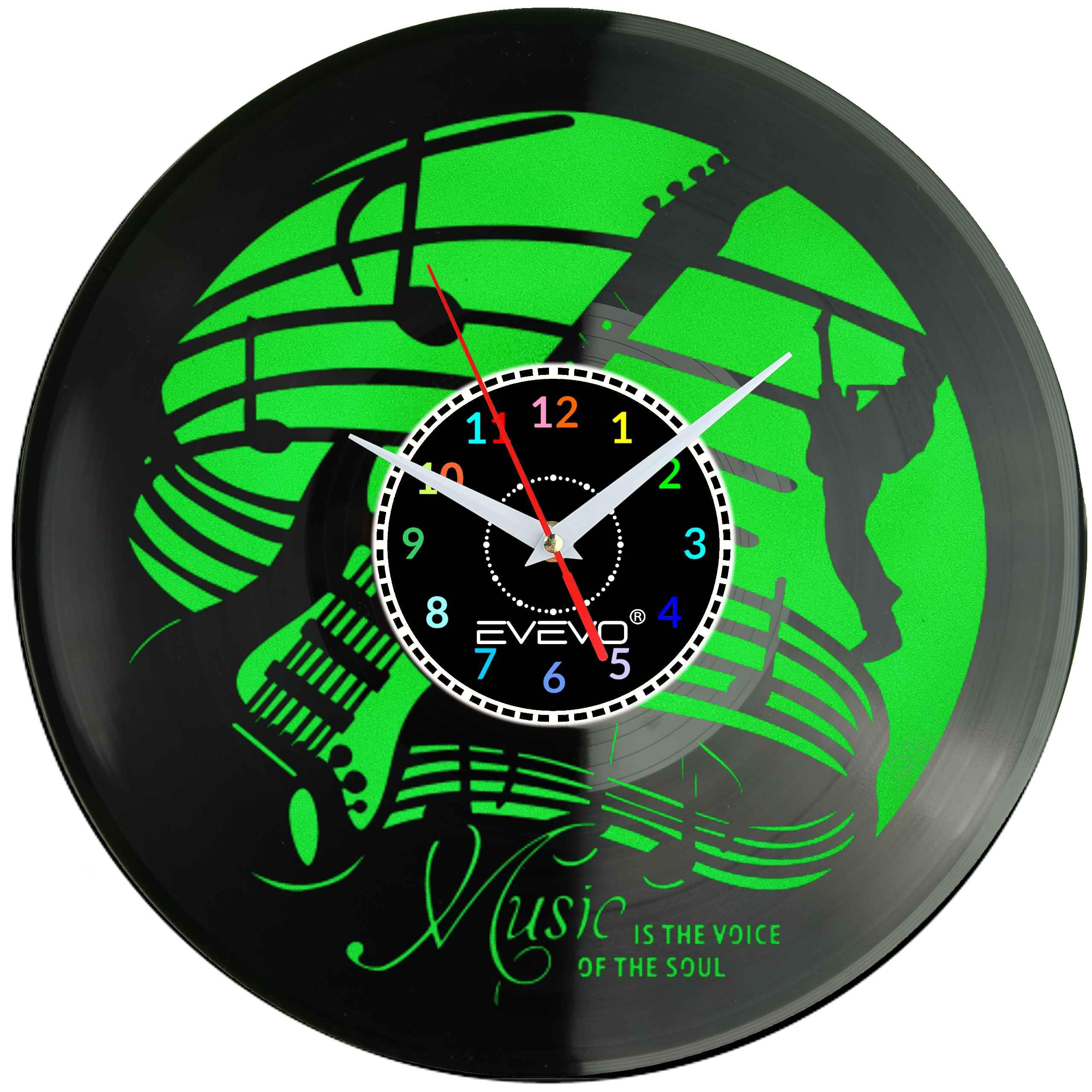 ZEGAR ŚCIENNY ZEGAR DLA MELOMANA JAZZ MUZYKA GITARA FLUORESCENCYJNE TŁO PŁYTA WINYLOWA PREZENT UPOMINEK URODZINY EVEVO F0047