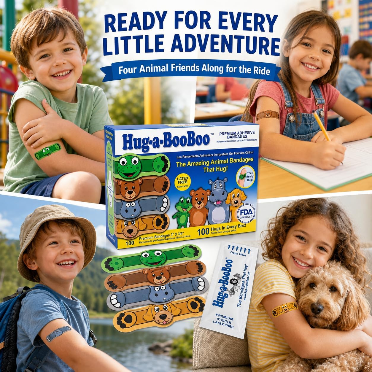 Super Fun Kids Bandages by Hug-a-BooBoo! The Amazing Animal Bandages that Hug! Children’s Favorite Stuffed Animal Designs – Hippo, Puppy, Teddy Bear & Frog! Family Bulk Pack Assortment -100ct Box