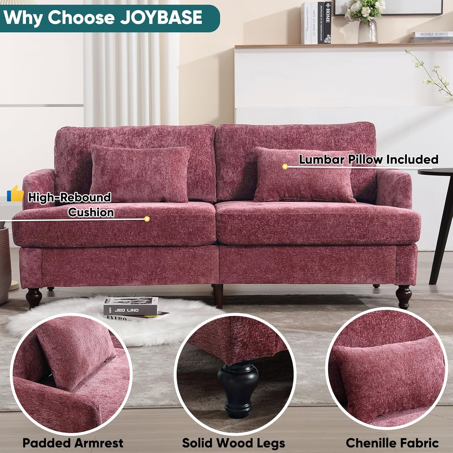 JOYBASE 70 inch Loveseat Sofa, Mid-Century Modern Love Seat Couch with Wood Legs, Upholstered Comfy Sofa for Living Room, Apartment, Office, Bedroom (Wine Red, Chenille)