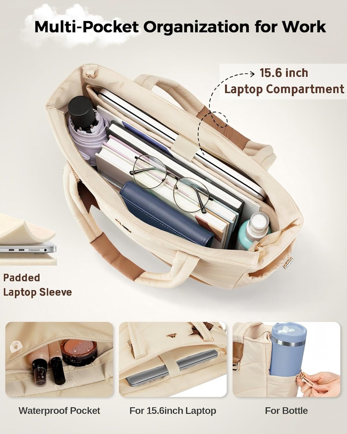MATEIN HER Puffer Bag with Lunch Compartment for Women, Insulated Work Tote with Padded 15.6 Inch Laptop Compartment, Quilted Office Handbag Shoulder Bag with RFID Pocket & Detachable Phone Pouch