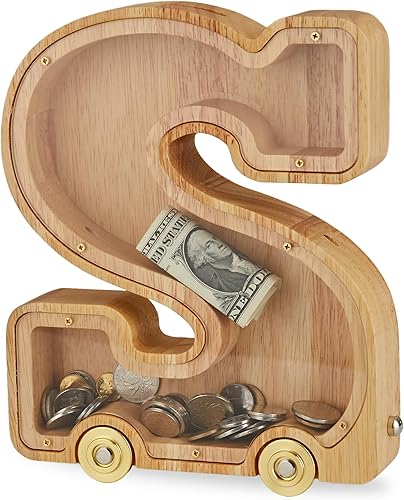 Alcancía grande  Alcancía de madera interconectable, alcancía del alfabeto S con ruedas, para niños, niñas y adultos (inicial-S)