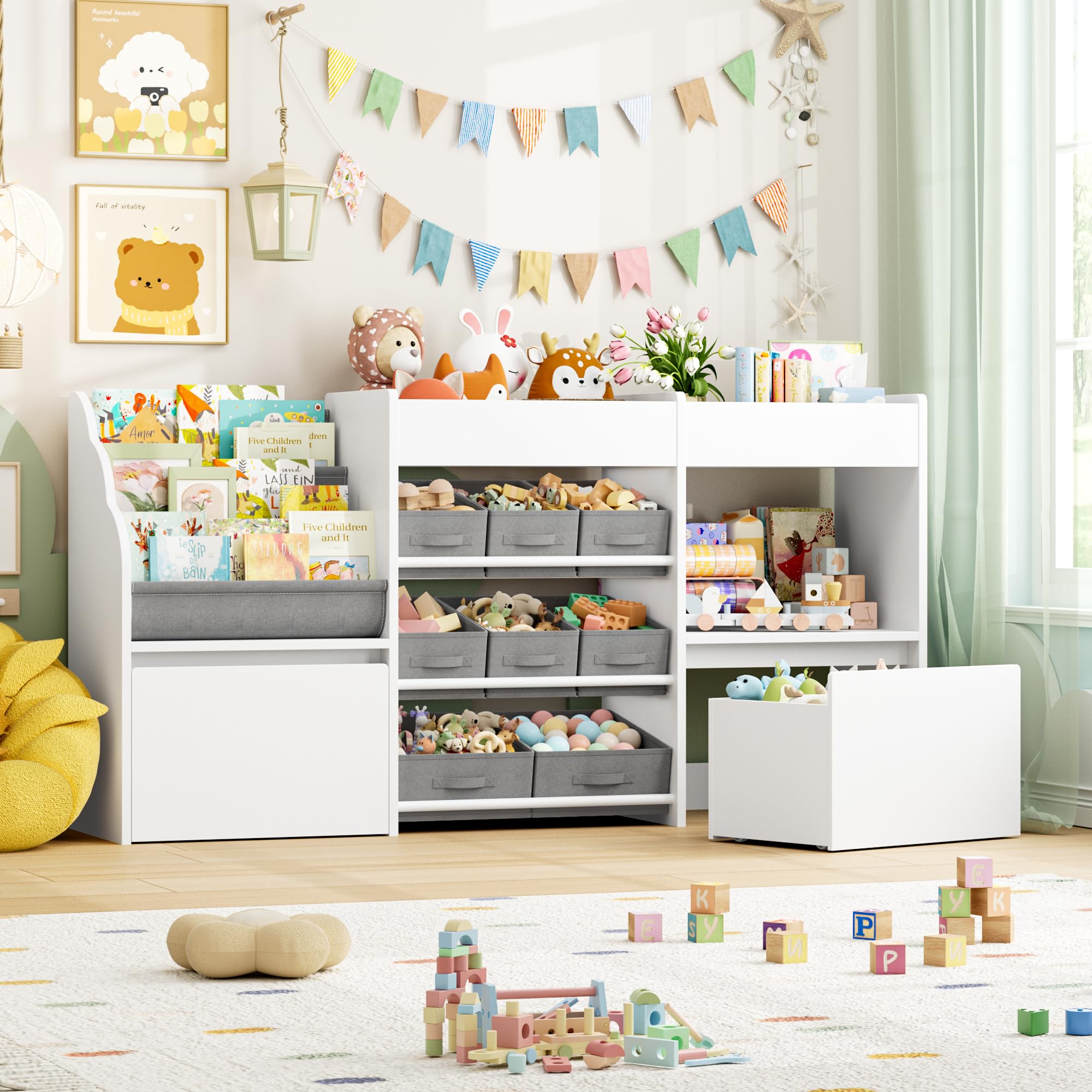 BOTLOG 62.2 inches Toy Storage Organizer and Kids Bookshelf, Toy Organizer with 2 Movable Drawers and 9 Box Bins, 4 Tier Toddler Bookshelf for Book