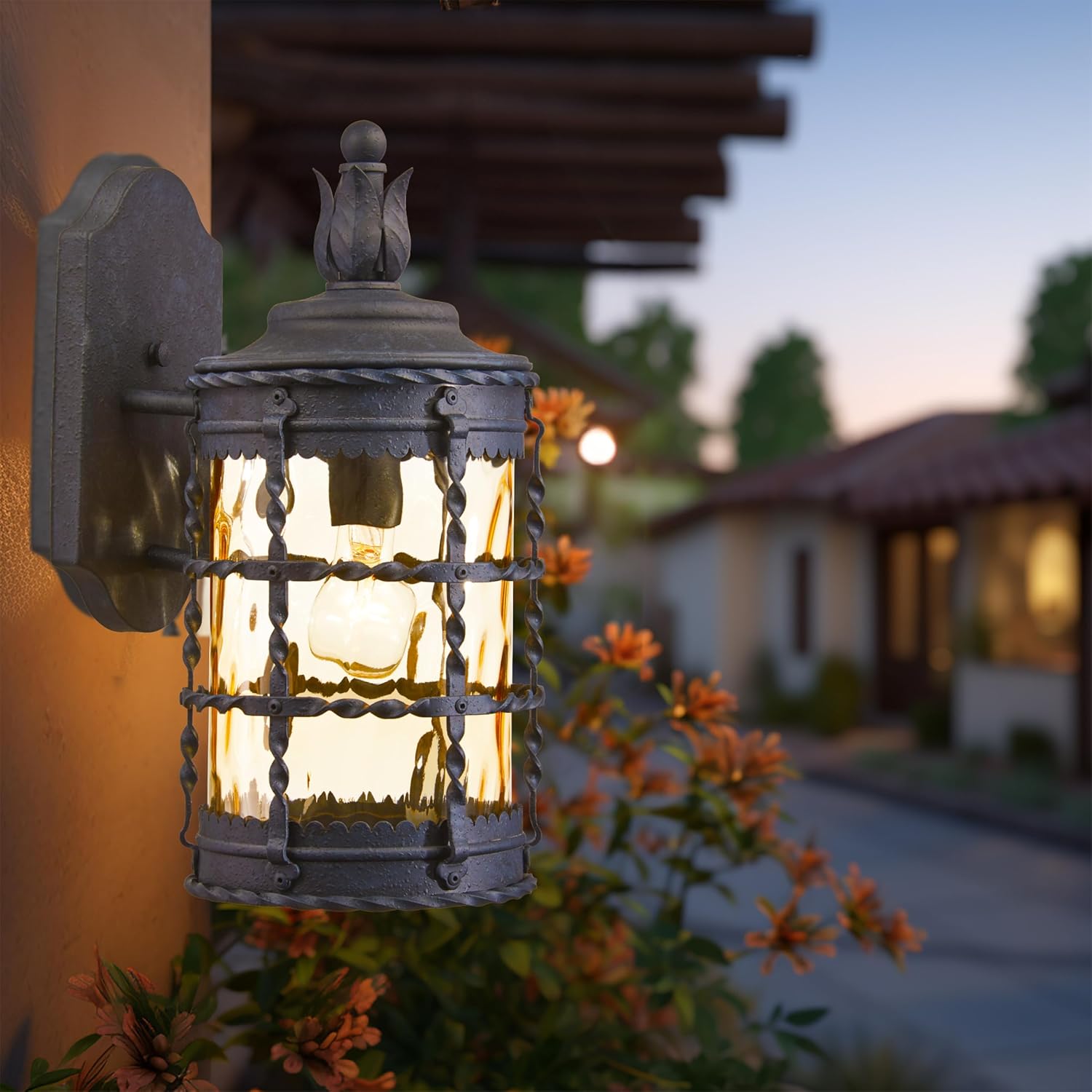 Spanish Iron Outdoor Wall Mount Light with Champagne Glass