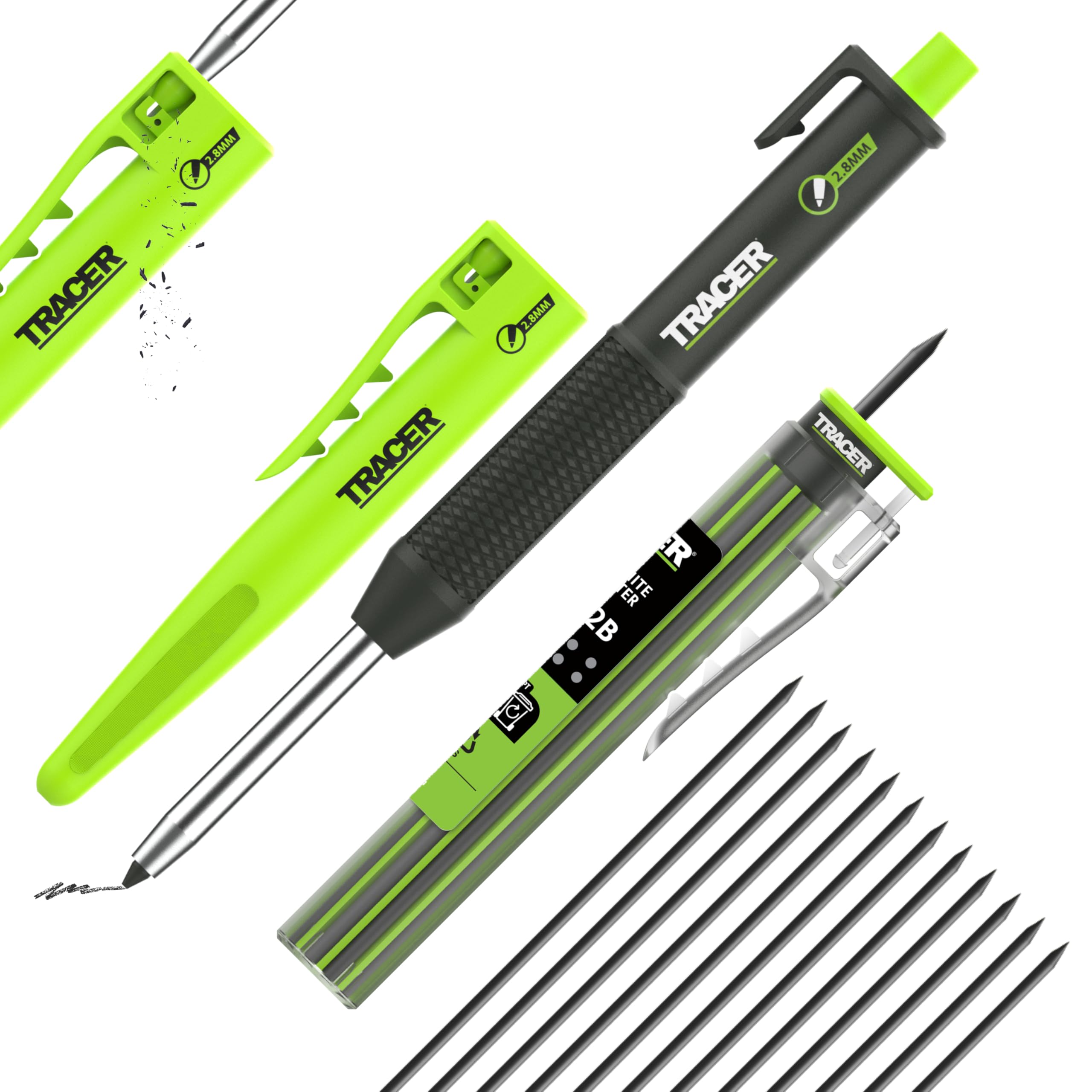 Tracer Pencil 2.0 Kit- Deep Hole Carpenters Pencil with 12 Replacement Leads & Holsters – 2.8mm Precision Leads.