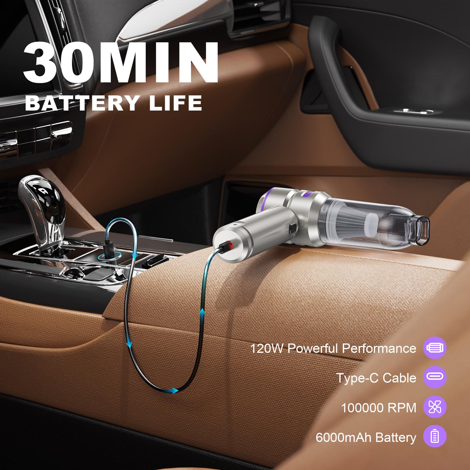 KITBEZN Aspiradora de Mano, 26000Pa Mini Aspirador Coche Potente Portátil, 220000 RPM Aspiradora de Mano Sin Cable Recargable