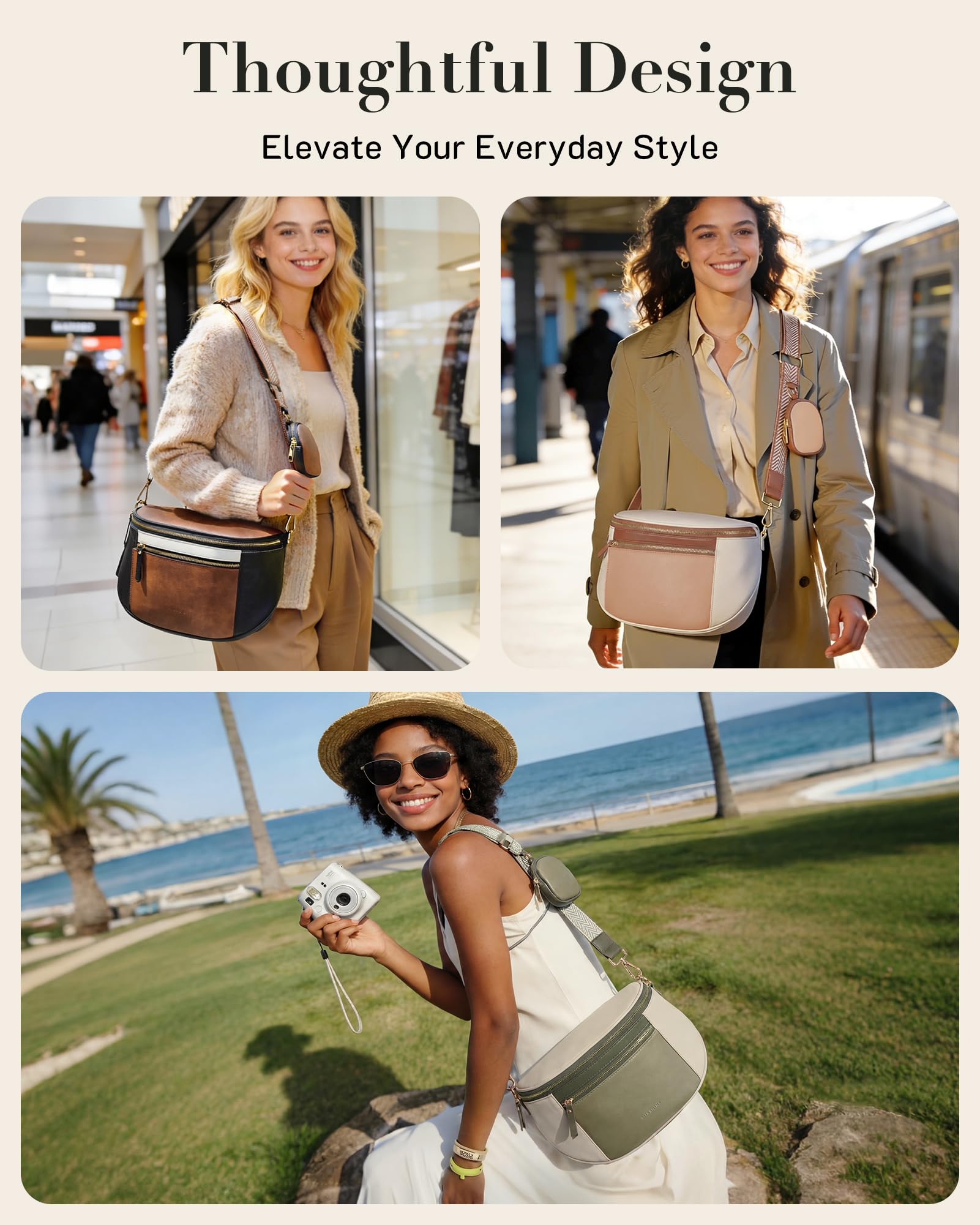 Missnine Crossbody Bags for Women, Vegan Leather Purses for Women Bum Bag Small Shoulder Handbags with Wide Strap | Water-resistant, 6L Capacity, Headphone Pouch - 4