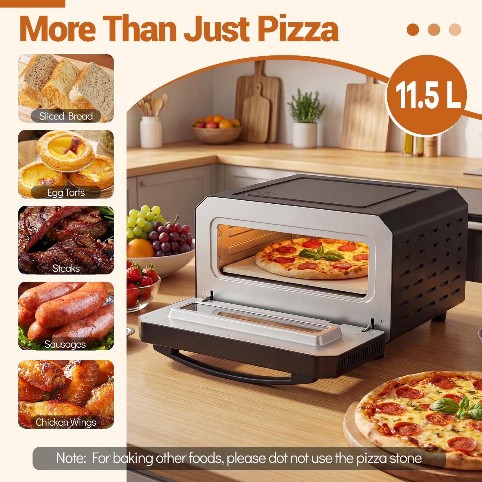 FANTASK Four à pizza électrique jusqu'à 400 °C, 6 programmes, fonction de cuisson en 2 minutes, pierre à pizza et roue de coupe, appareil à pizza d'intérieur
