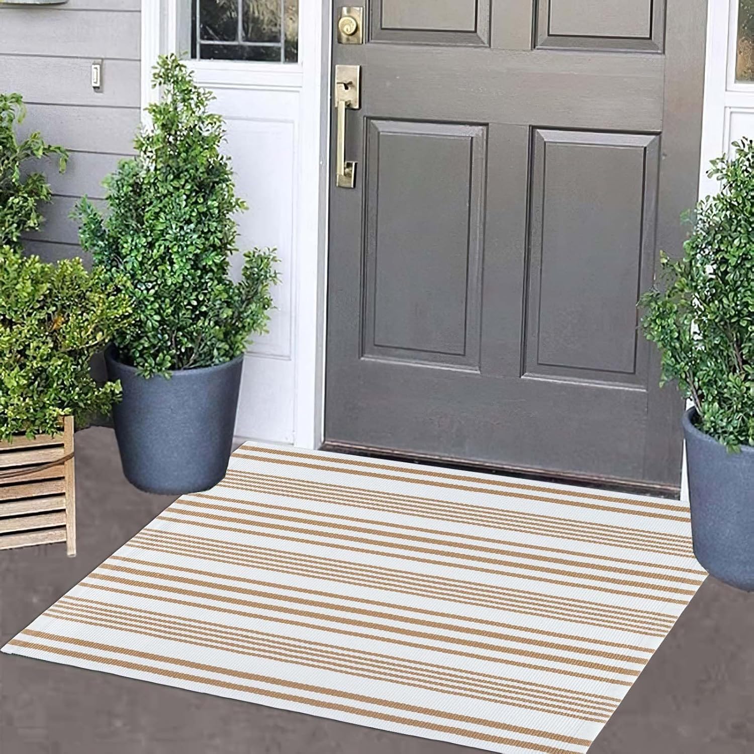 Khaki and White Striped Outdoor Rug 24'' x 35'' Door Mat Outdoor Machine Washable Welcome Mats Cotton Hand-Woven Entryway Rug for Front Porch/Entryway