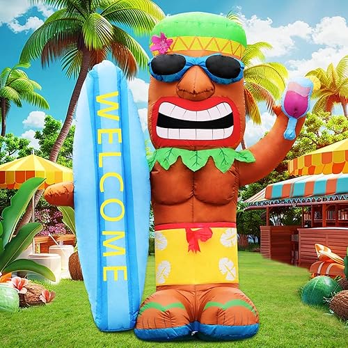 Miniatura 3 de Inflables Tiki Luau de 5 pies, Tiki con tabla de surf y copa de vino, decoración de playa para fiesta hawaiana, decoración gigante de patio, luces