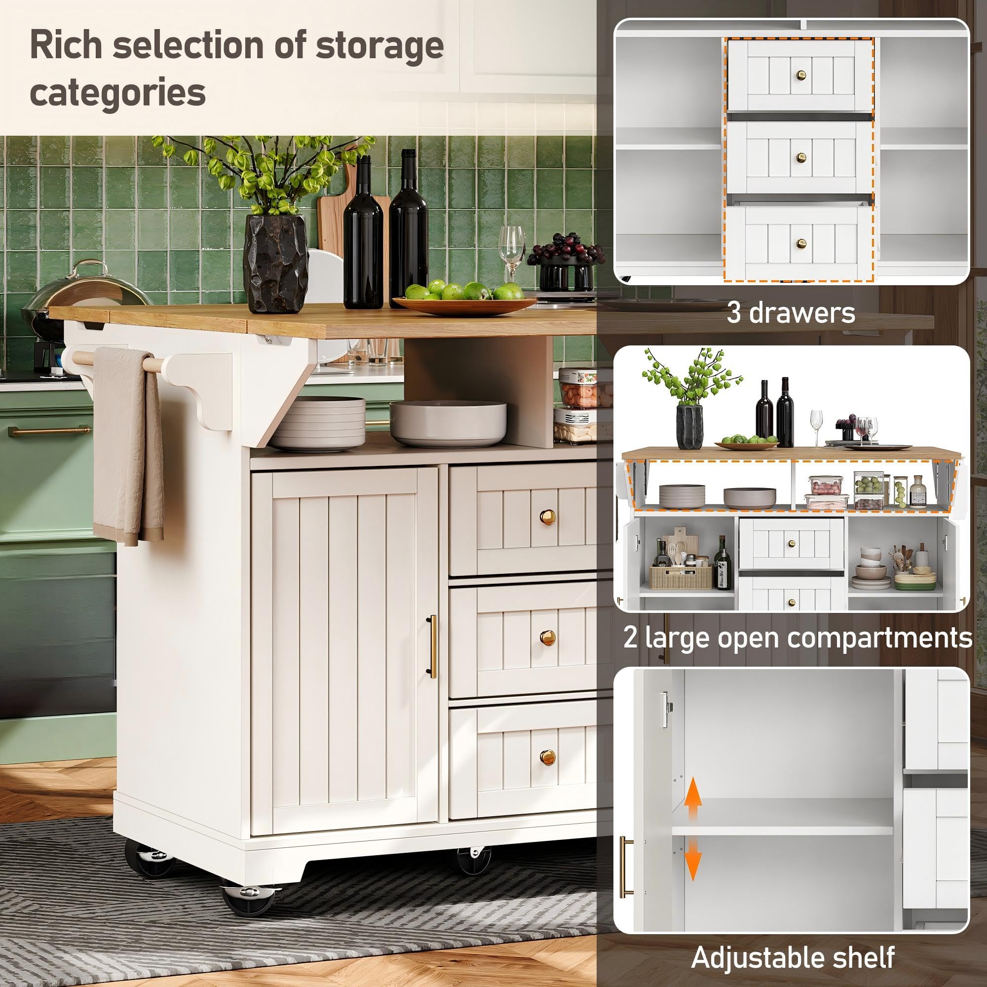 LAKFEW Isla de Cocina Moderna, Isla Cocina con Ruedas y Tableros Plegables en Ambos Lados, Mueble Auxiliar Muebles Cocina con 3 Cajones y 2 Puertas, Ilha de Cozinha, 142.5x40(80) x95 cm, Blanco