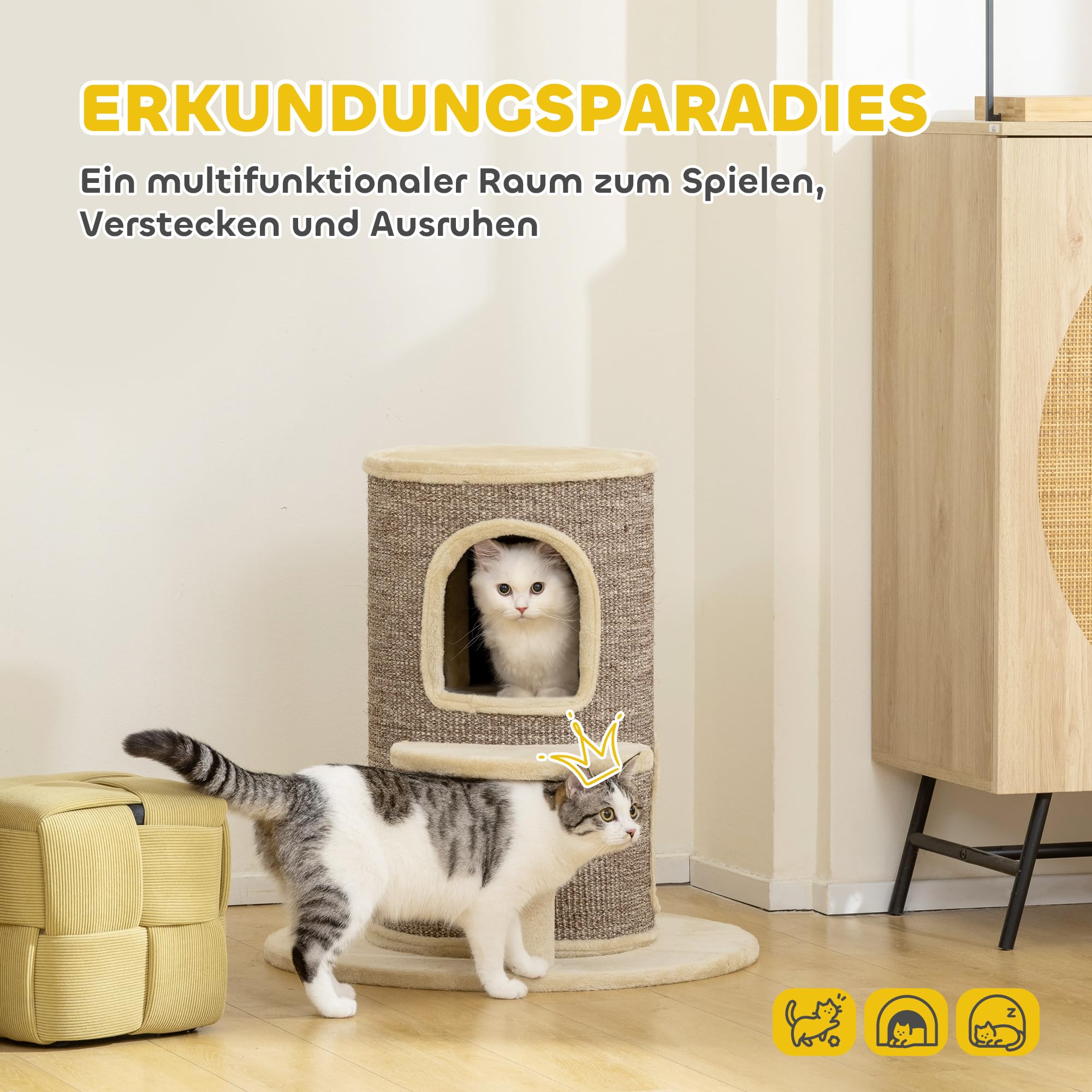 PawHut Kratztonne für Katzen, 61 cm Hoch Katzentonne mit 2 Höhlen, Kratzbaum mit Sprungplattform, Katzenturm aus Sisal, Plüsch, für kleine Katzen Beige