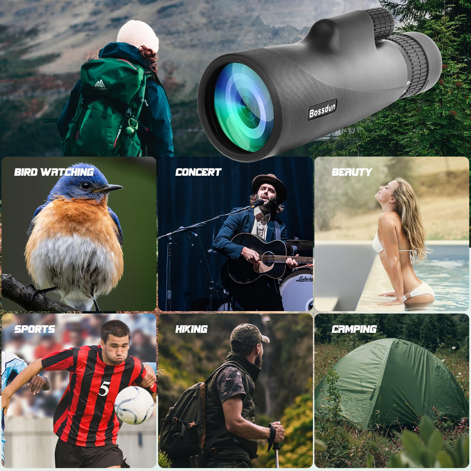 Telescopio Monoculare 10-30x50 per Adulti, Cannocchiale Monoculare HD Impermeabile con Smartphone per Birdwatching, Escursionismo, Caccia, Campeggio, Viaggi (black)