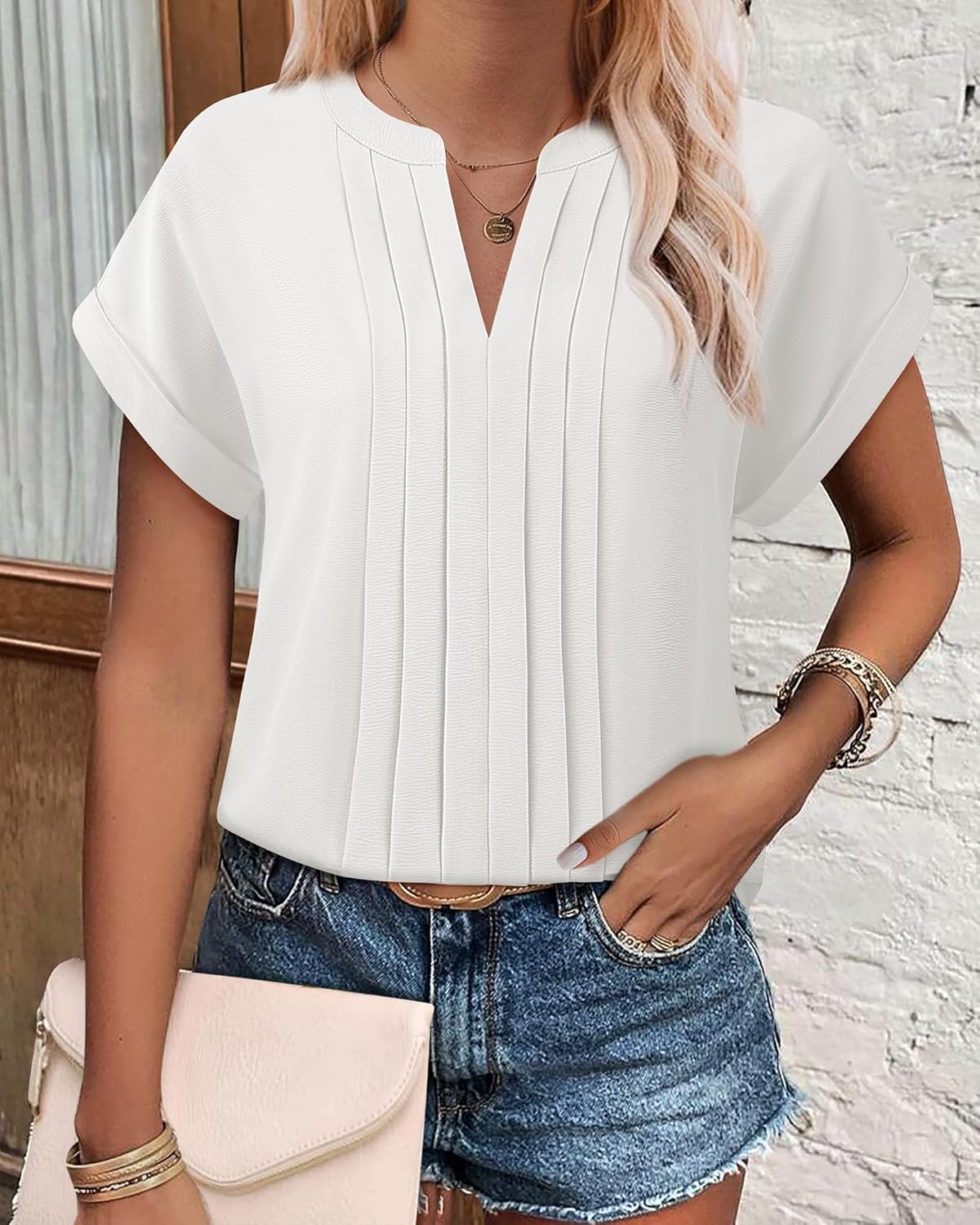 Gaharu Women's Summer Pleated Work Top Short Sleeve Business Casual Blouse Basic Dressy Shirt - Image 4