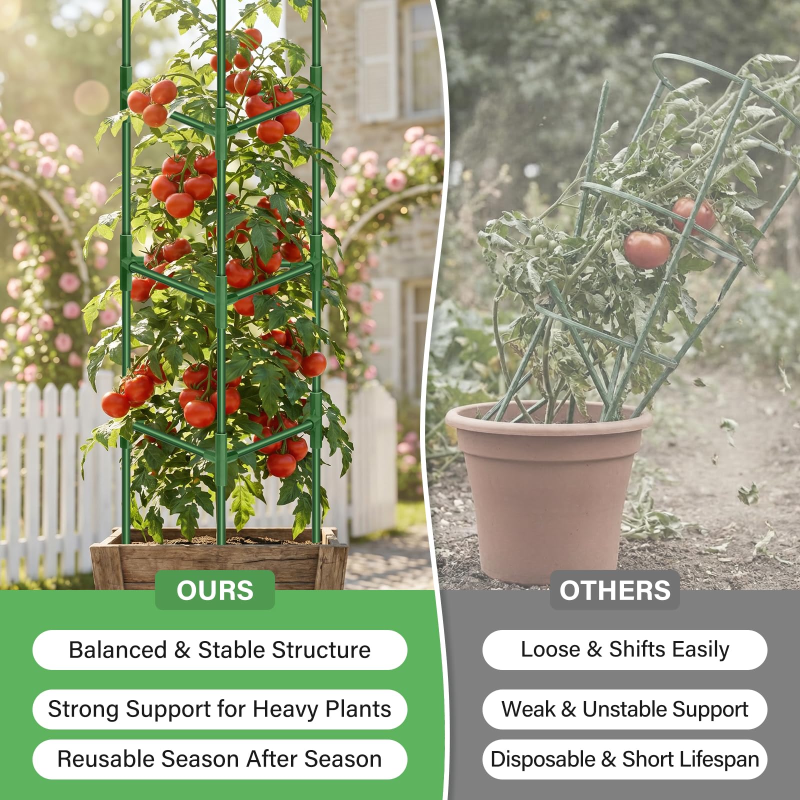 Legigo Tomatenkäfig für den Garten, robuste Tomaten-Rankgitter, Pflanzenstützpfähle, verstellbares Gartenspalier, Pflanzkäfig für Kletterpflanzen, Paprika, Outdoor, Hochbeet und Gemüse, 6 Stück