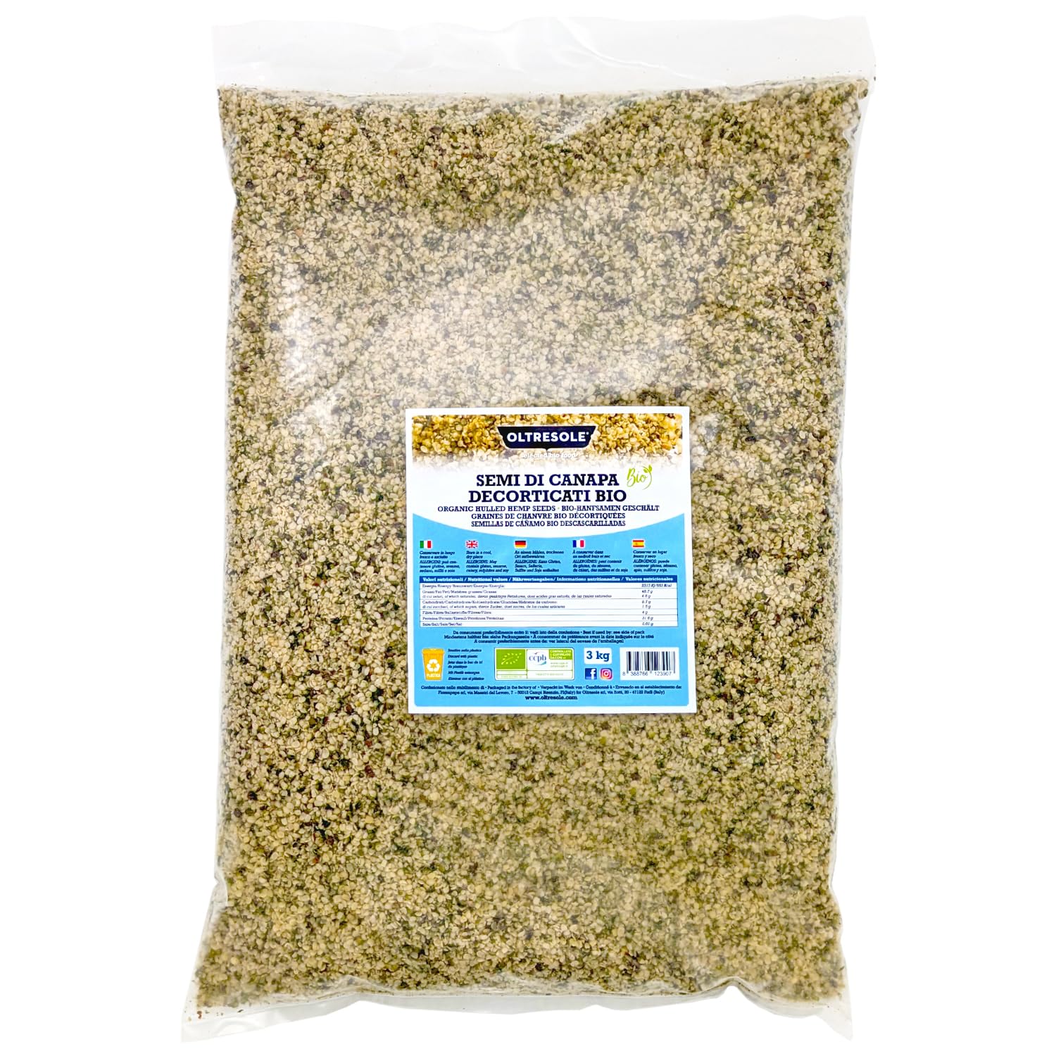 Oltresole, Graines De Chanvre Décortiquées Biologiques 3 Kg, Graines Oléagineuses Européennes Crues, Superaliment, Riche En Protéines, Fibres Et Oméga-3, Idéal Pour Les Salades Et Les Soupes