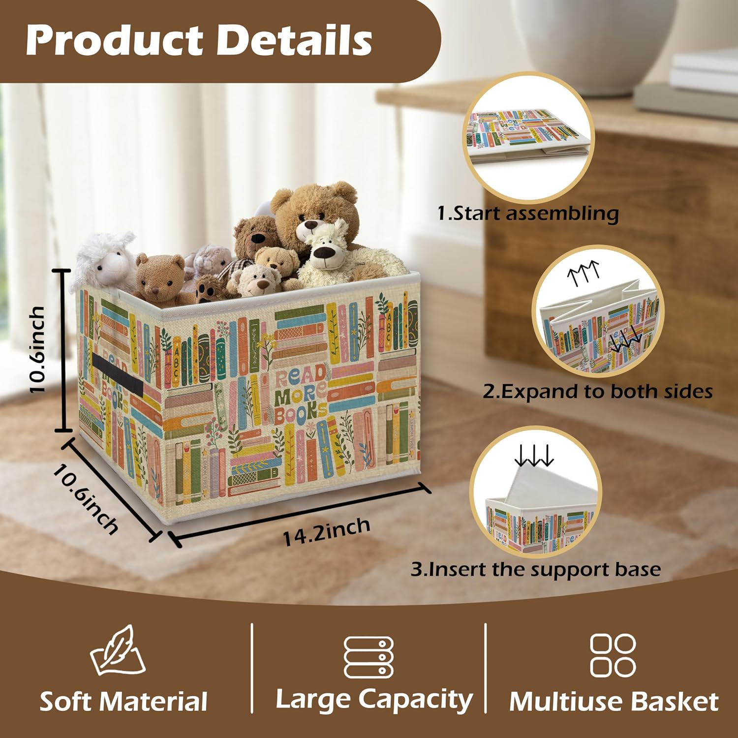 Colorful Book Storage Bin Box with Handles, Reading Librarian Bookworm Bookish Gifts, Books Foldable Organizer Basket Toybox for Reading Nook Library Classroom Kids Room image 5