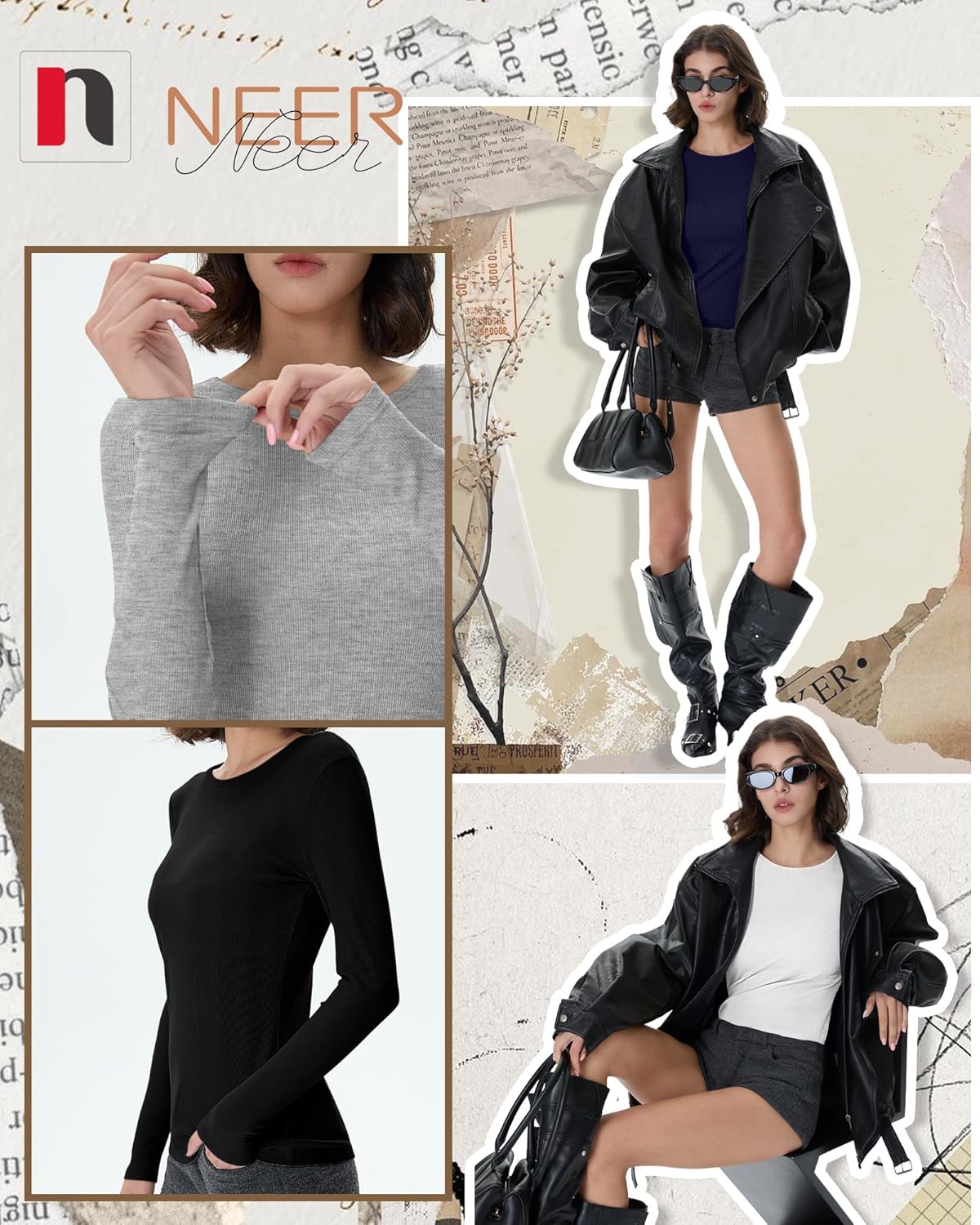 Neer 4 Pack Women's Ribbed Long Sleeve Shirts, Cotton Crew Neck Slim Fit Tops Stretch Knit Casual Base Layer Basic Tee Shirts - Image 6