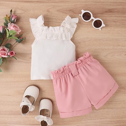 Miniatura 3 de TheFound Trajes de verano para niñas pequeñas, sin mangas, de punto acanalado, halter, pantalones cortos, ropa para recién nacidos, conjunto de 3