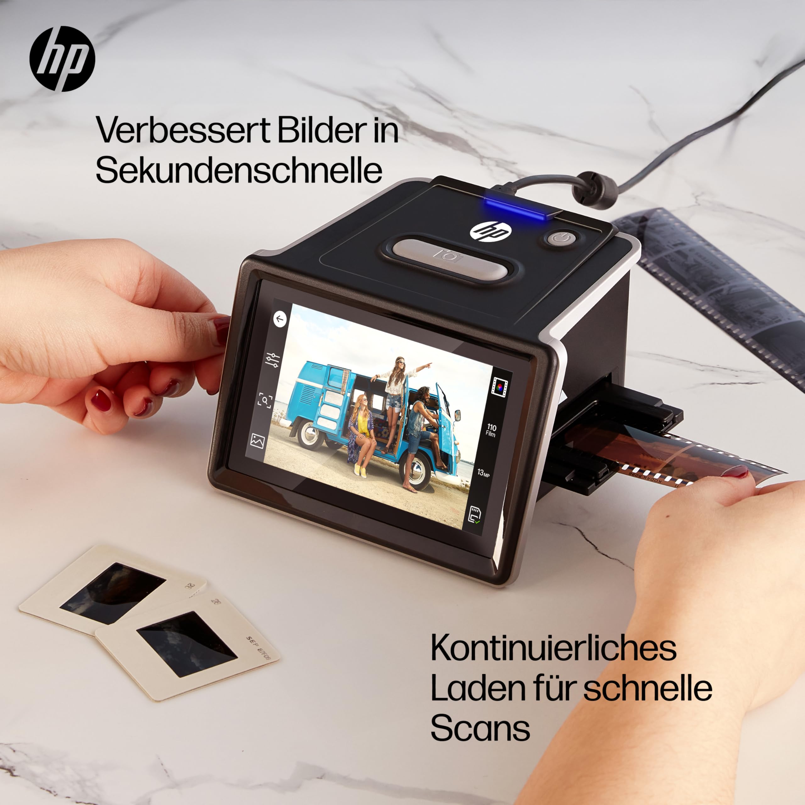 HP FilmScan Touchscreen-Film- und Diascanner mit 5-Zoll-LCD-Bildschirm, wandelt Negative und Dias schnell in Digitale 22-MP-JPEG-Fotos um, kompatibel mit 135er-, 126er- und 110er-Filmen und -Dias
