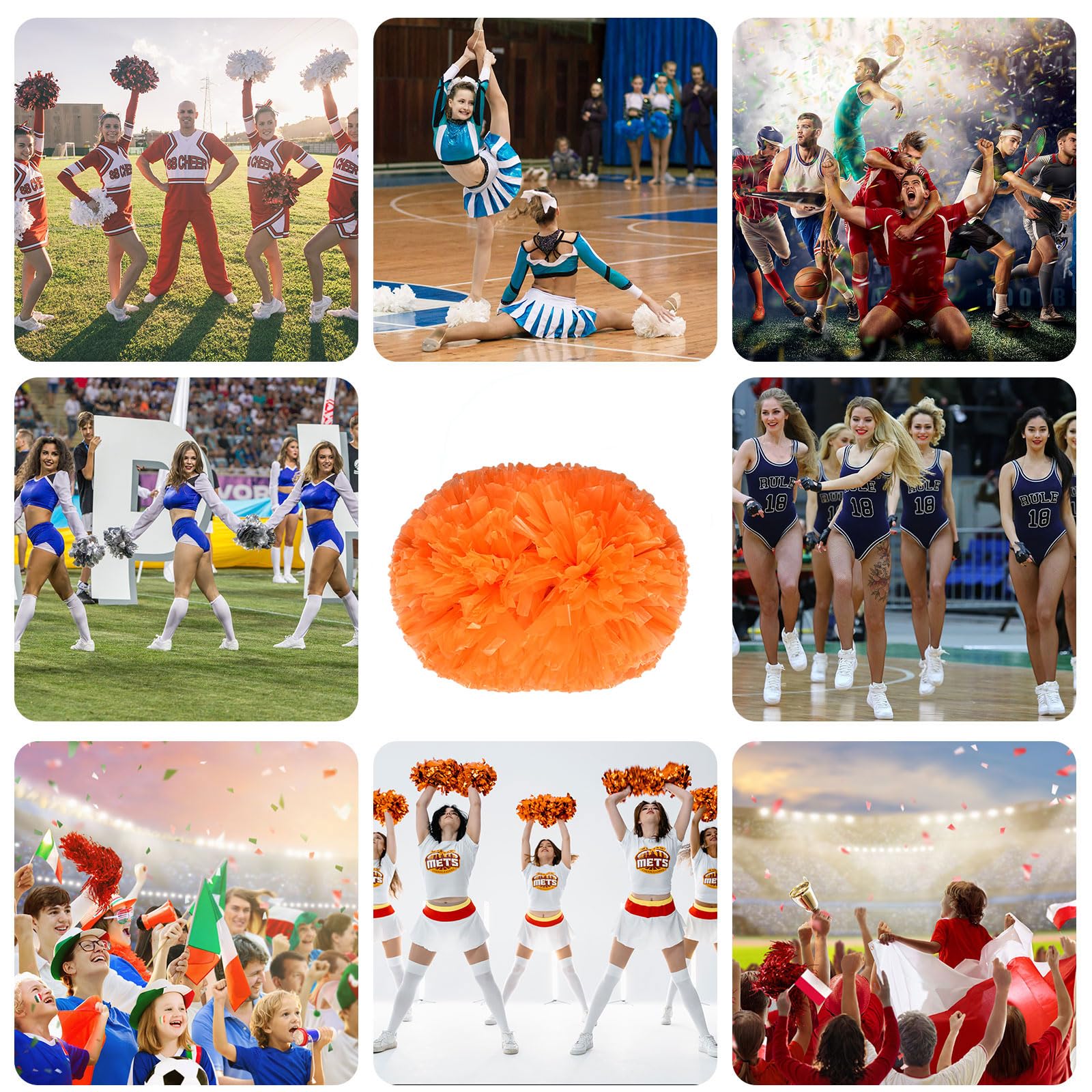 Lot de 20 pompons de 35 cm, pour entraînement sportif, danse, équipe, avec poignée. (Couleur orange)