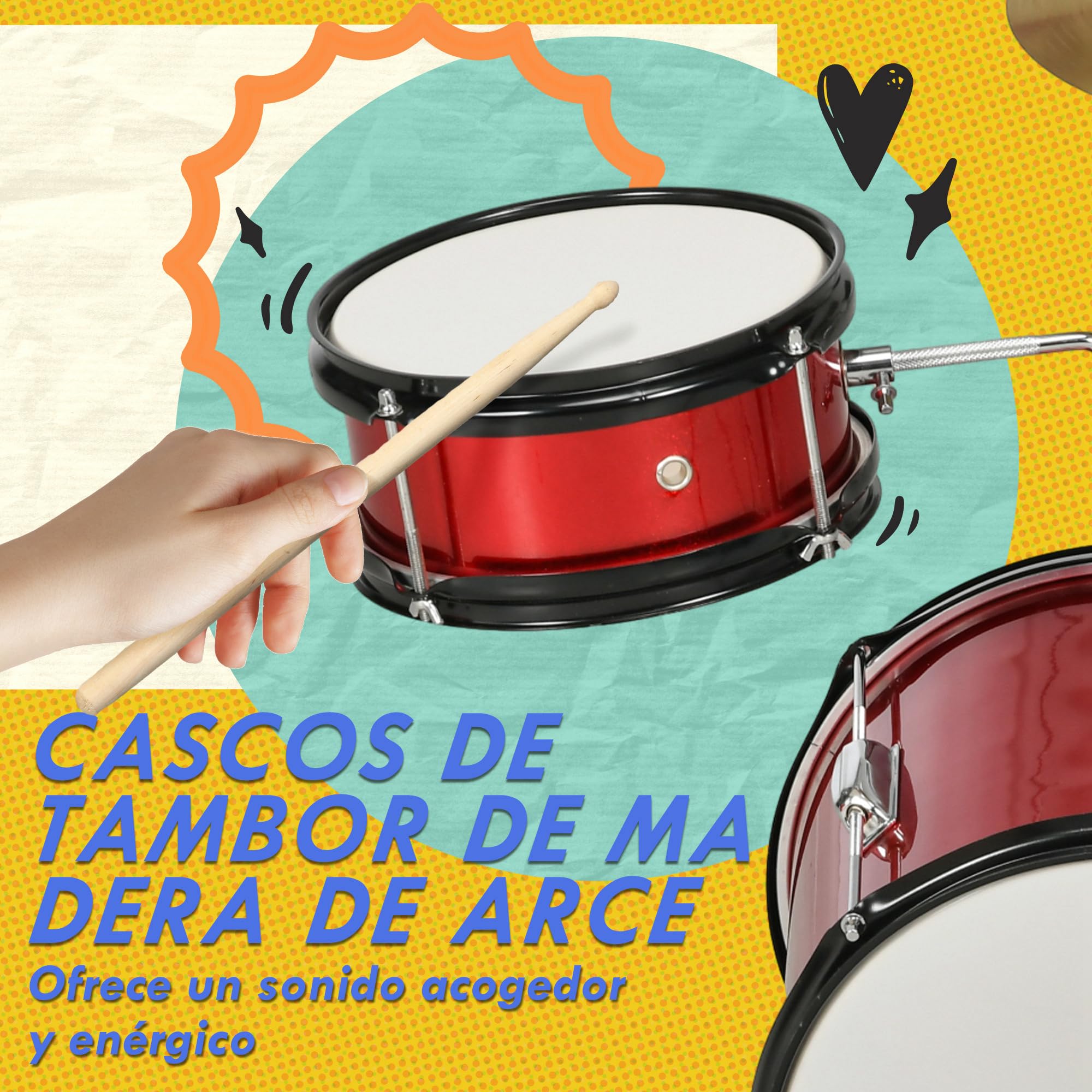 AIYAPLAY Batería Infantil Taburete Ajustable +3 Años 80x60x48-65 cm Rojo | Batería para Niños, Tambores, Bombo, Platillo, Pedal, Baquetas