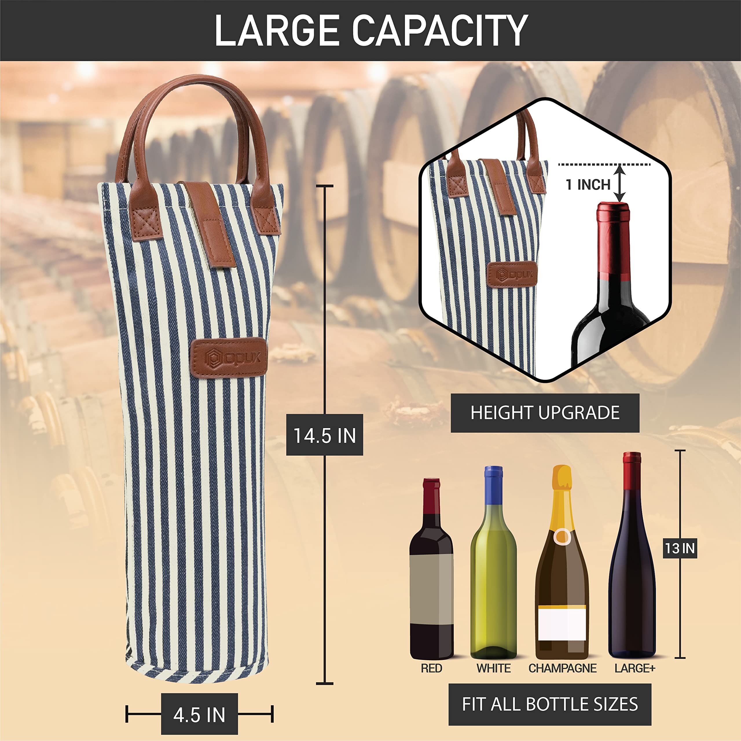 OPUX Bolsa de vino para una sola botella, bolsa térmica de viaje para picnic, playa, regalo, térmica, acolchada, portátil, para mujeres, hombres, amantes del vino, rayas blancas y azul marino