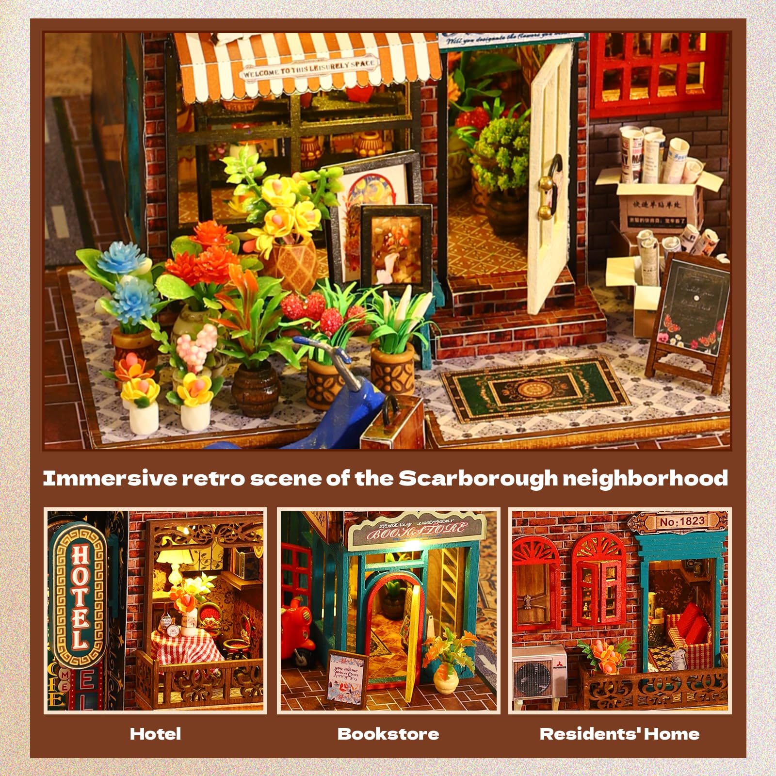 Scarborough miniaturowy domek do budowania, mały drewniany model 3D, mini domek dla lalek, regał na książki, dekoracja z pyłoszczelną pokrywą i pozytywką, kreatywny projekt rzemieślniczy dla